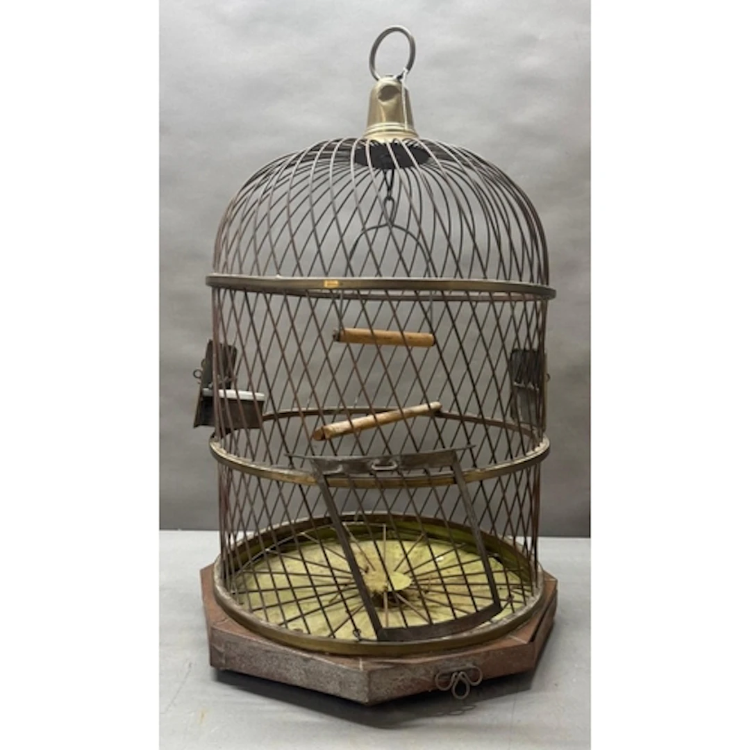 A brass and white metal domed top birdcage. Height 72 cms...