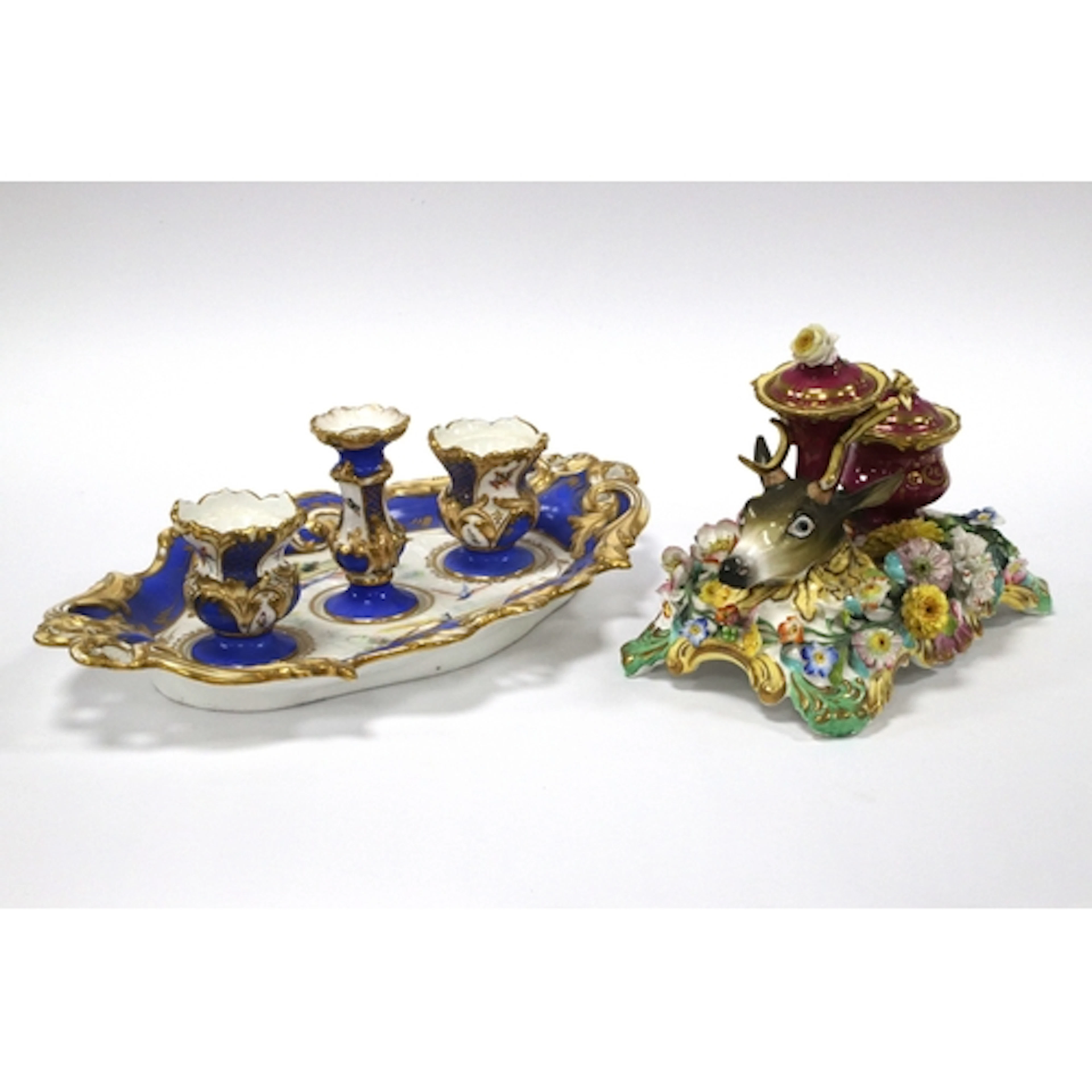 A Coalbrookdale Style Porcelain Ink Stand Modelled as a Deer...