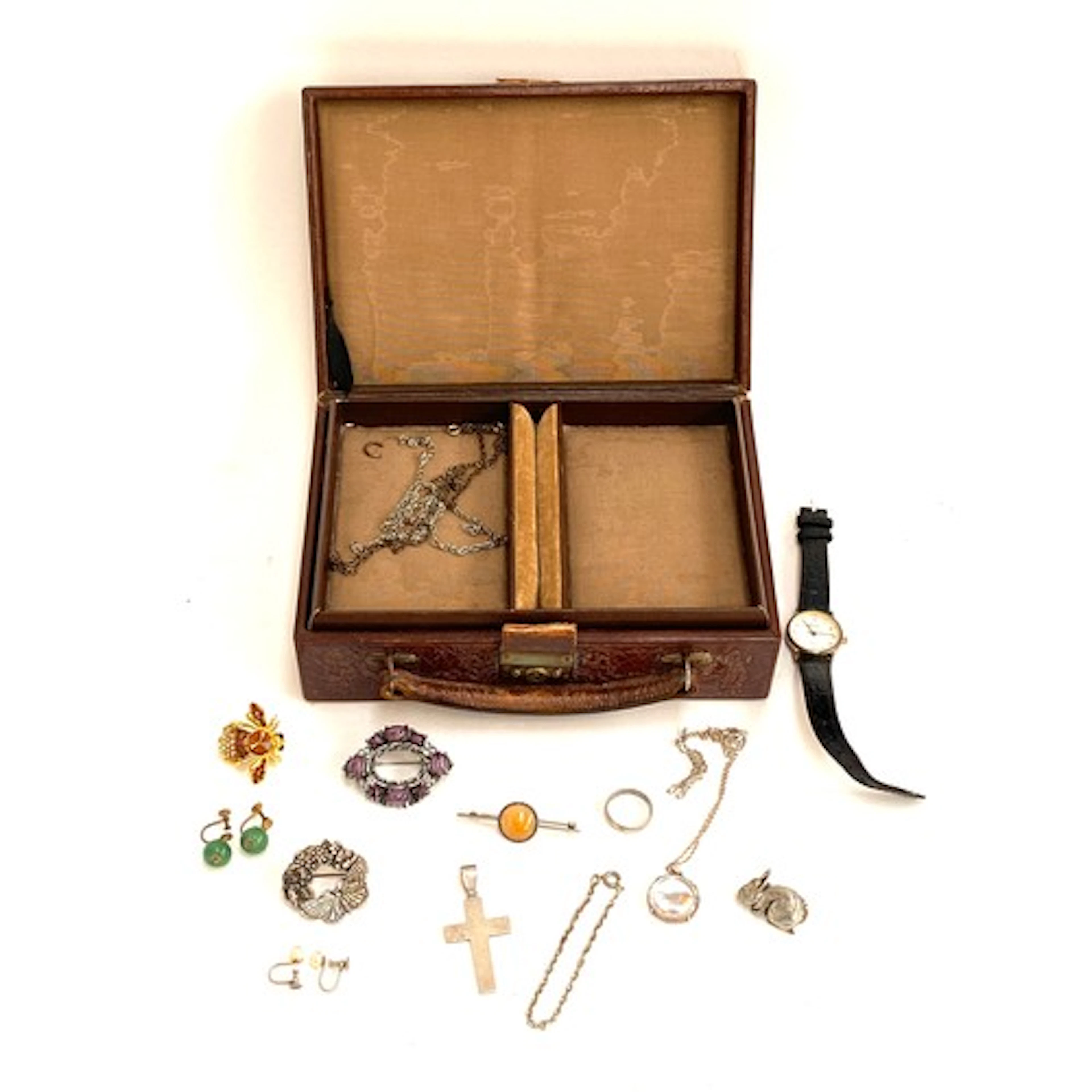 A jewellery box containing a small quantity of silver and ot...
