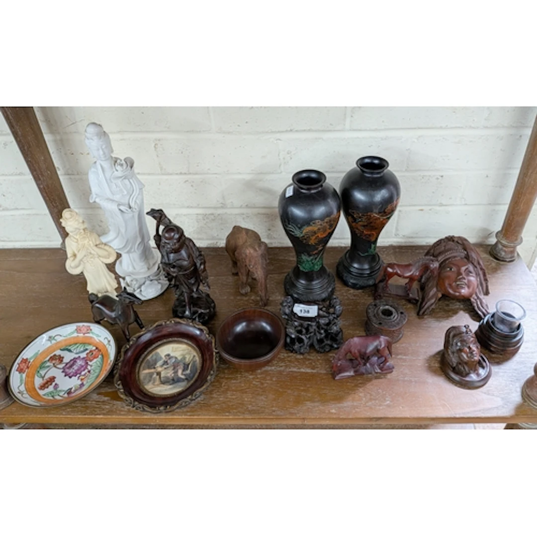 Oriental carved treen, Blanc De Chine figure, lacquer vases ...