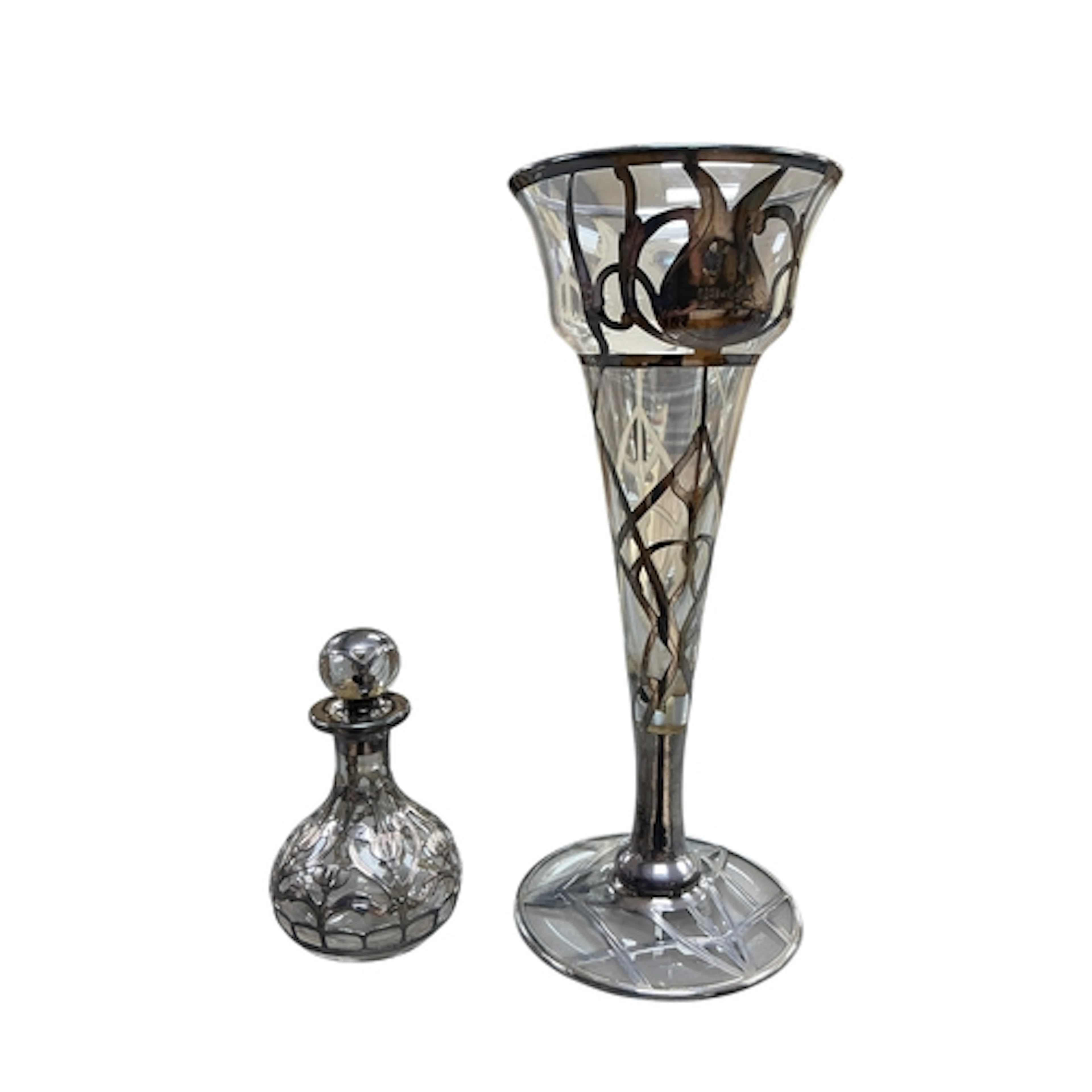 A silver-overlay glass drinking vessel and scent bottle, dec...