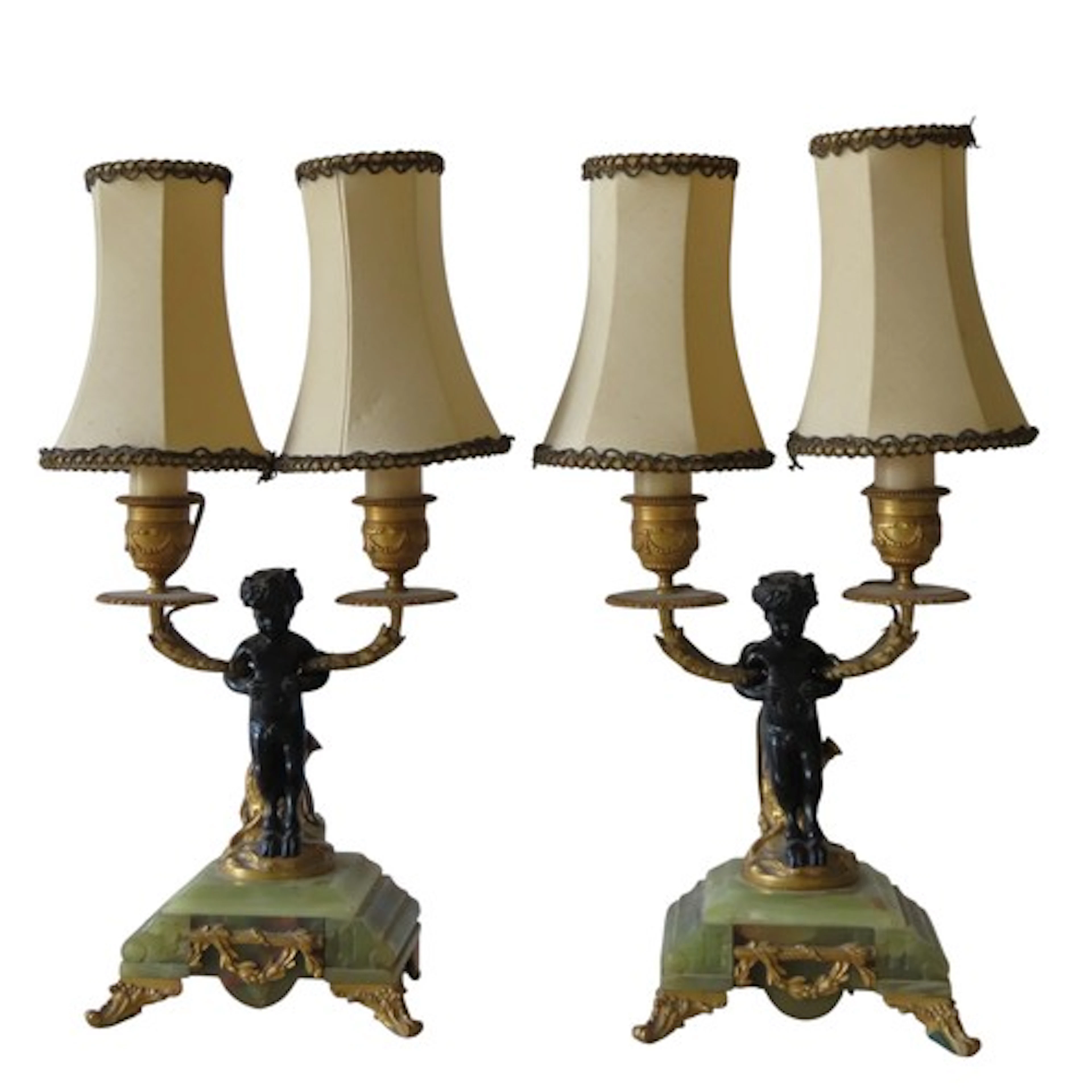 A PAIR OF BRONZE, ORMOLU AND ONYX FIGURAL CANDLESTCKS LATE 1...