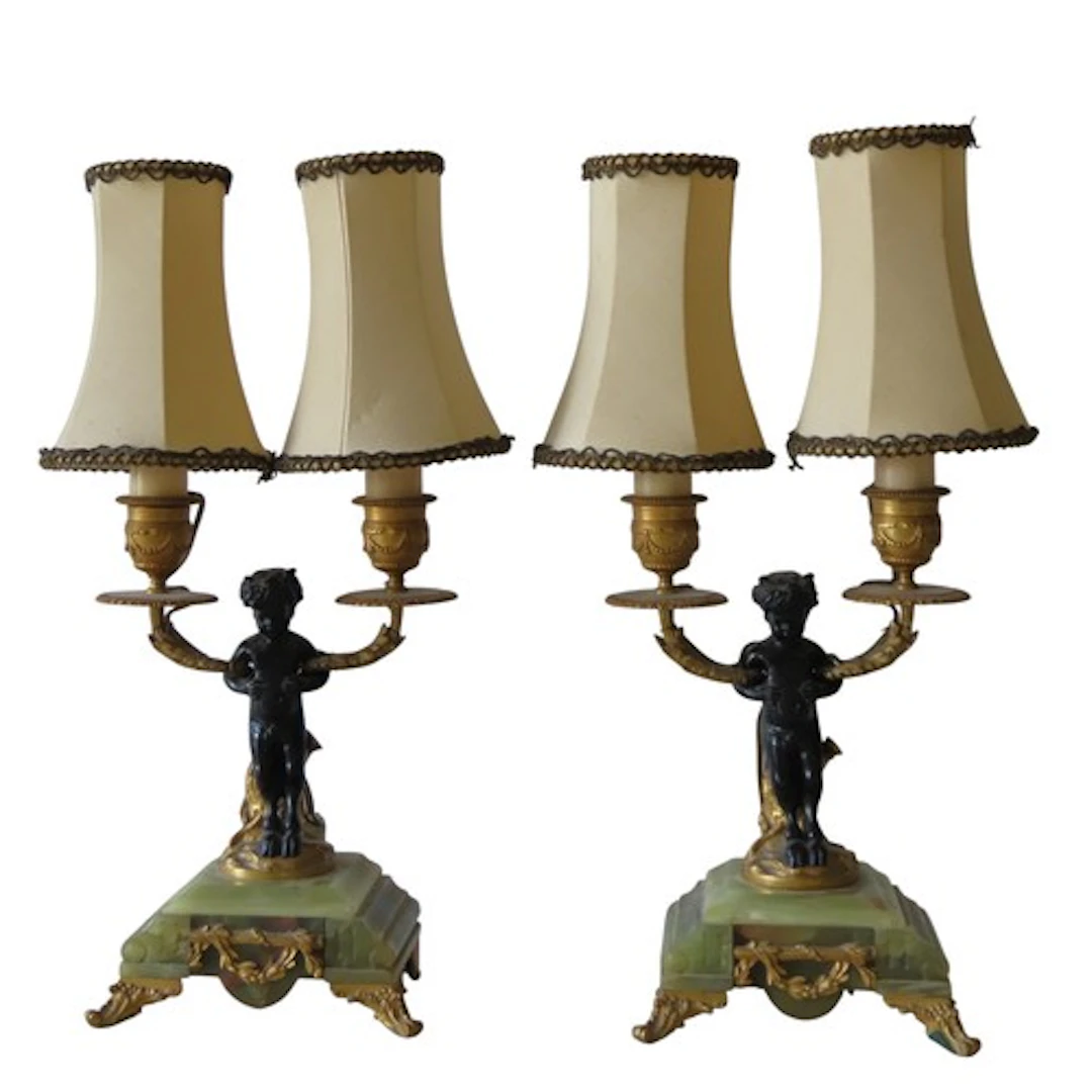 A PAIR OF BRONZE, ORMOLU AND ONYX FIGURAL CANDLESTCKS LATE 1...