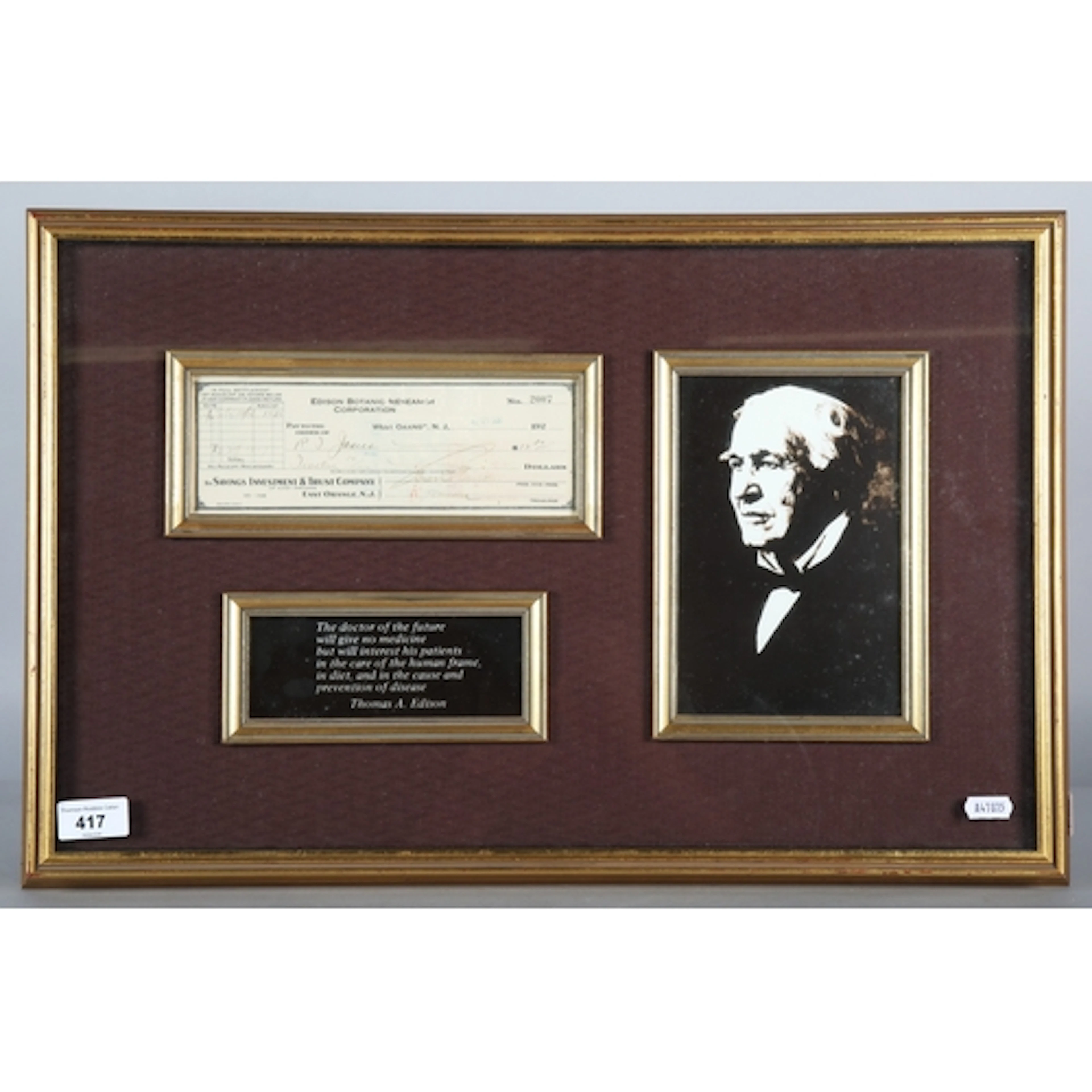 Thomas Edison, autographed check display, 38cm x 59cm.