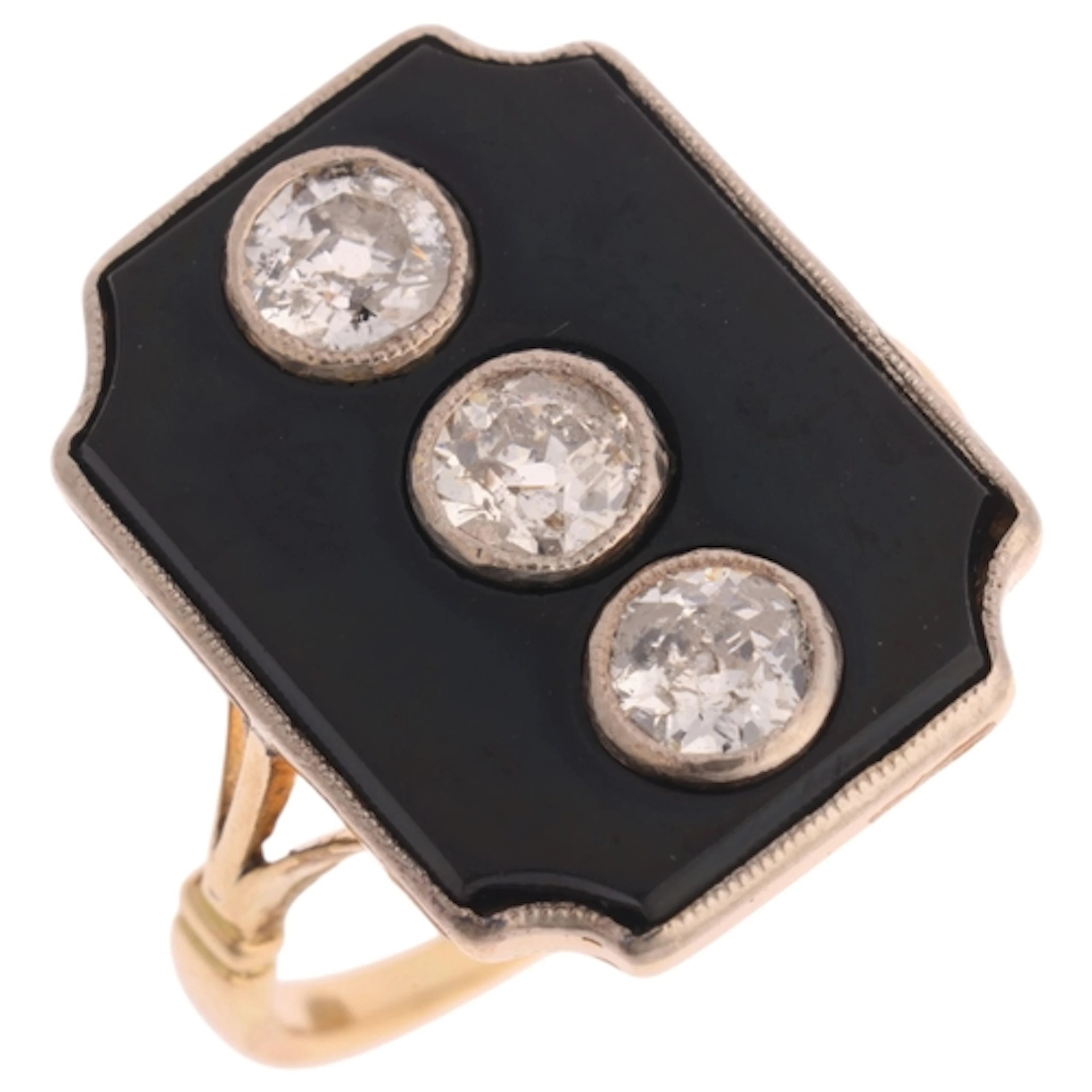 An Art Deco 18ct gold black onyx and diamond panel ring, cir...
