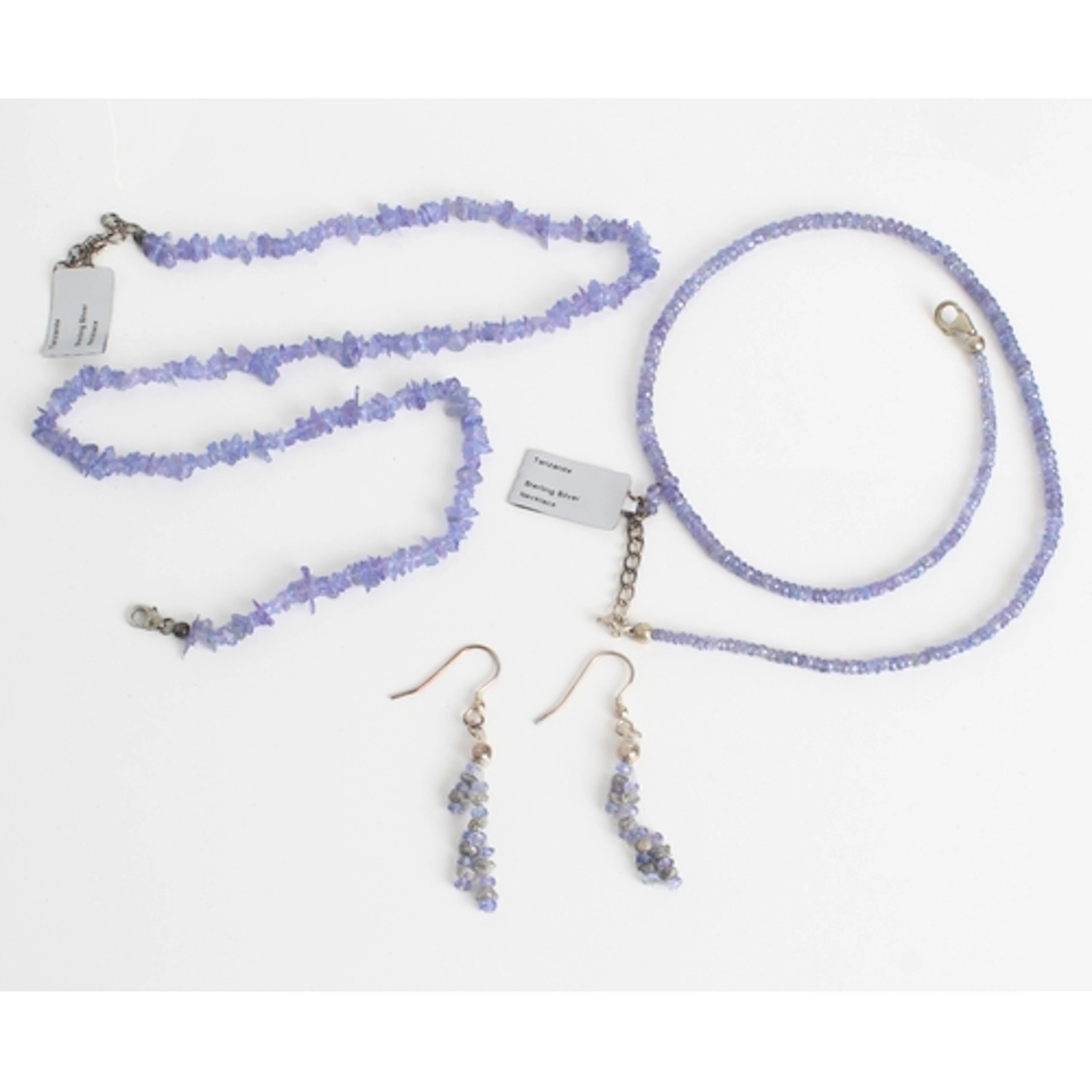 Two sterling silver and Tanzanite bead necklaces and a pair ...
