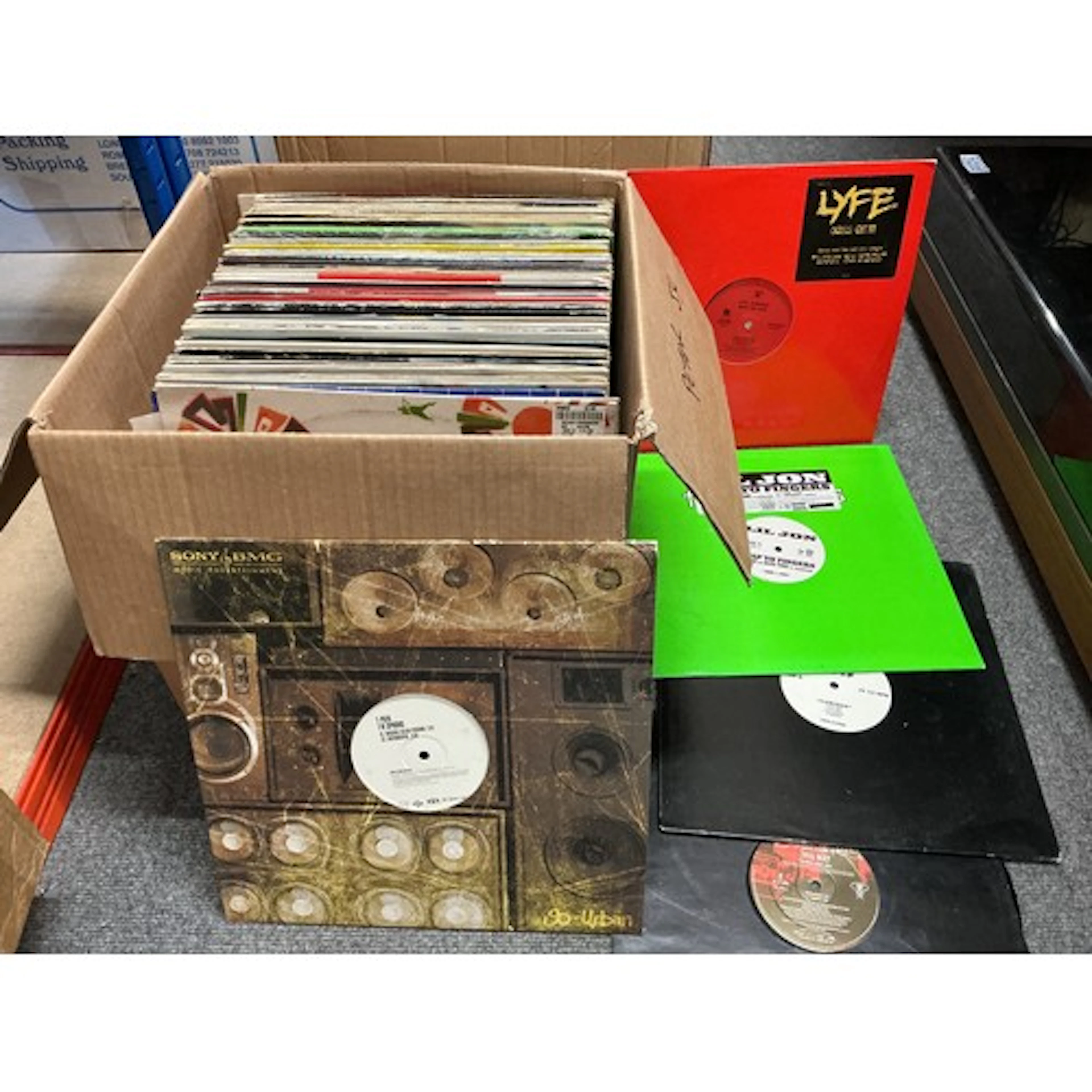 A box of hip hop, house and RnB LPs and 12” singles includin...