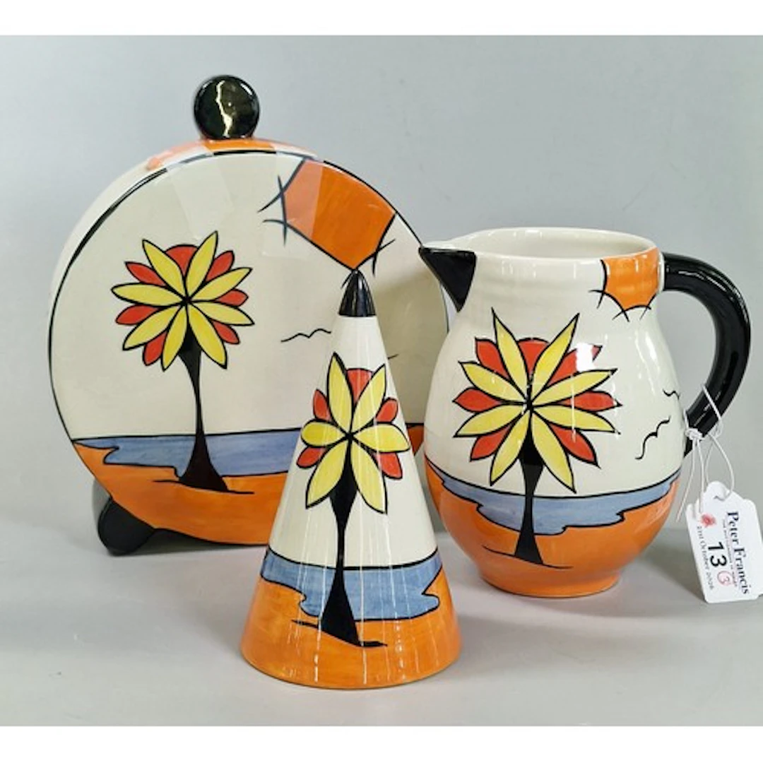 Three Lorna Bailey ceramic Art Deco style items in the 'Beac...