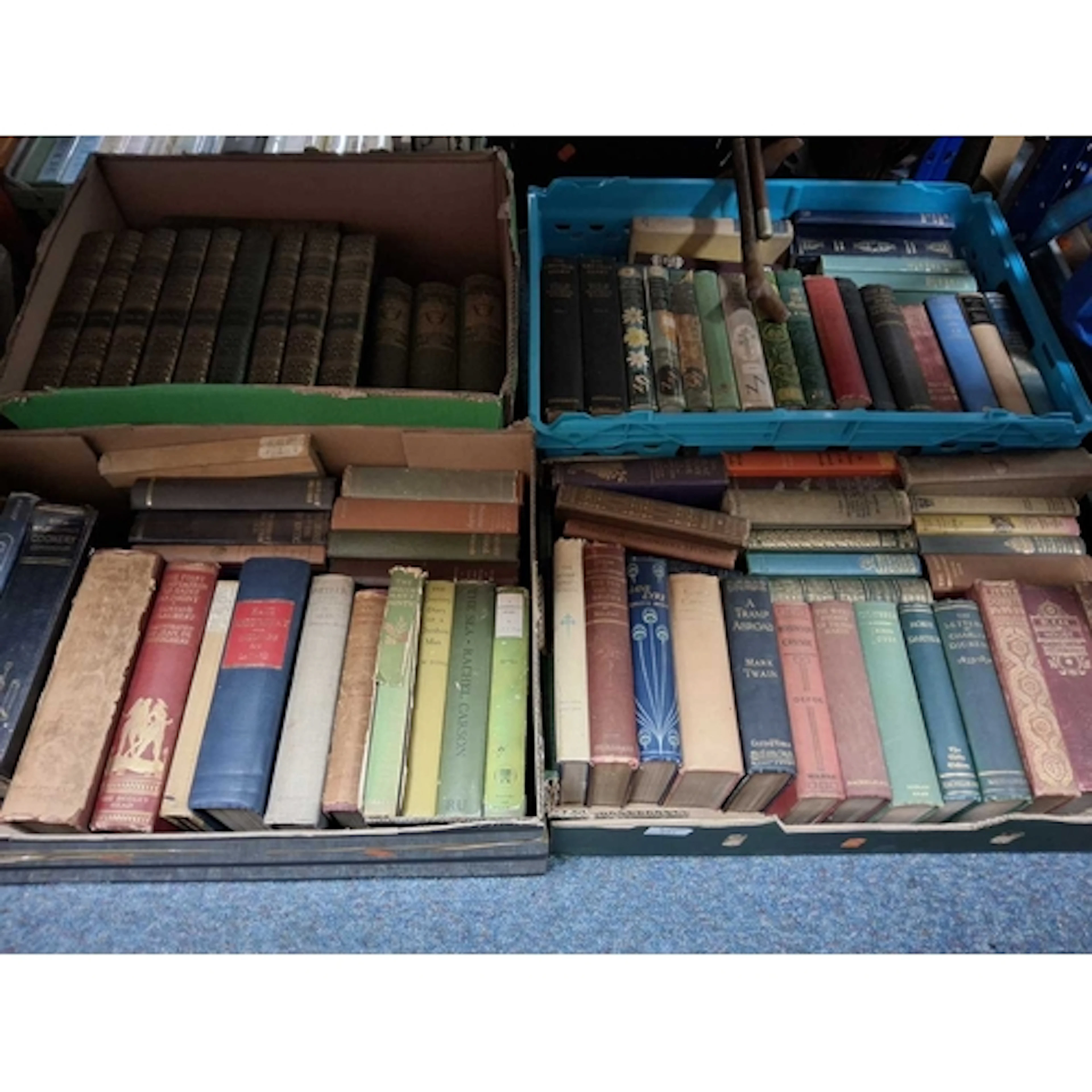 FOUR BOXES OF ANTIQUARIAN BOOKS from authors such as Charlot...