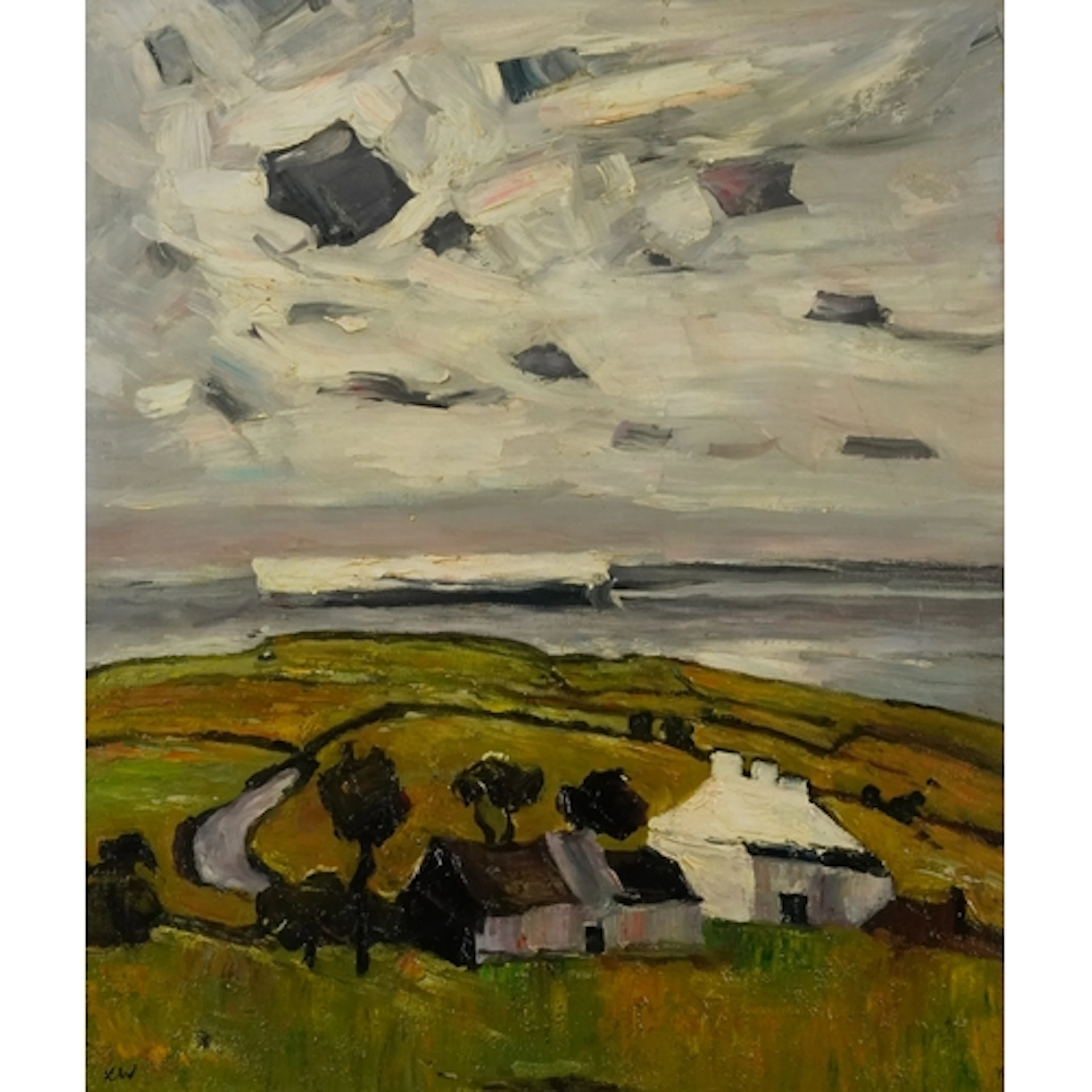Manner of Kyffin Williams - Coastal landscape with cottages,...