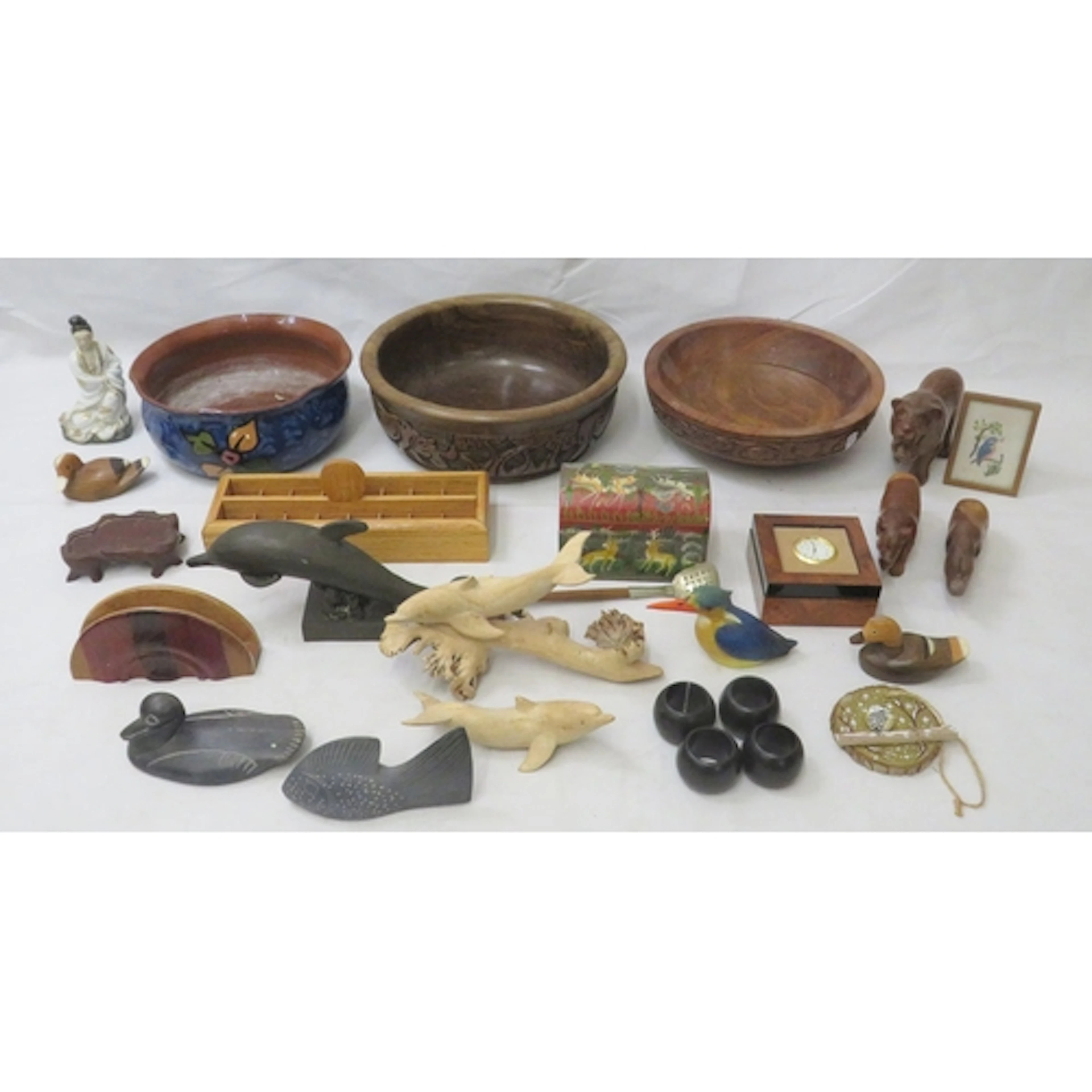 Carved Wooden Animal Figurines incl. lion, rhinoceros, ducks...
