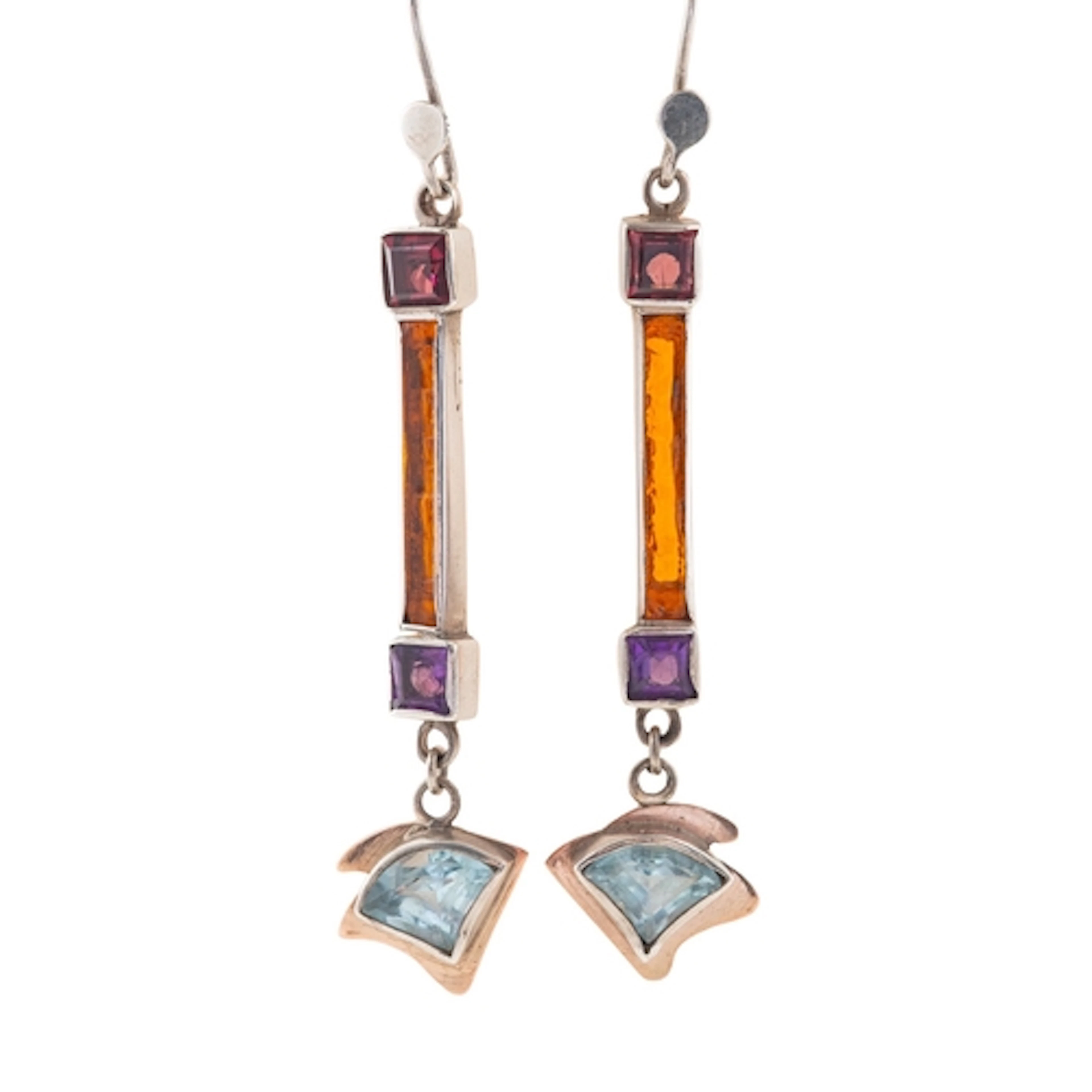 A multi gem set pair of hallmarked silver, yellow metal back...