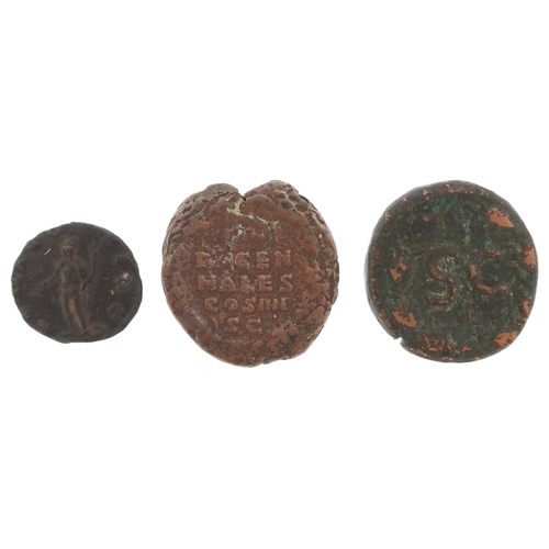 Three Roman bronze coins comprising two Antoninus Pius, AD13...