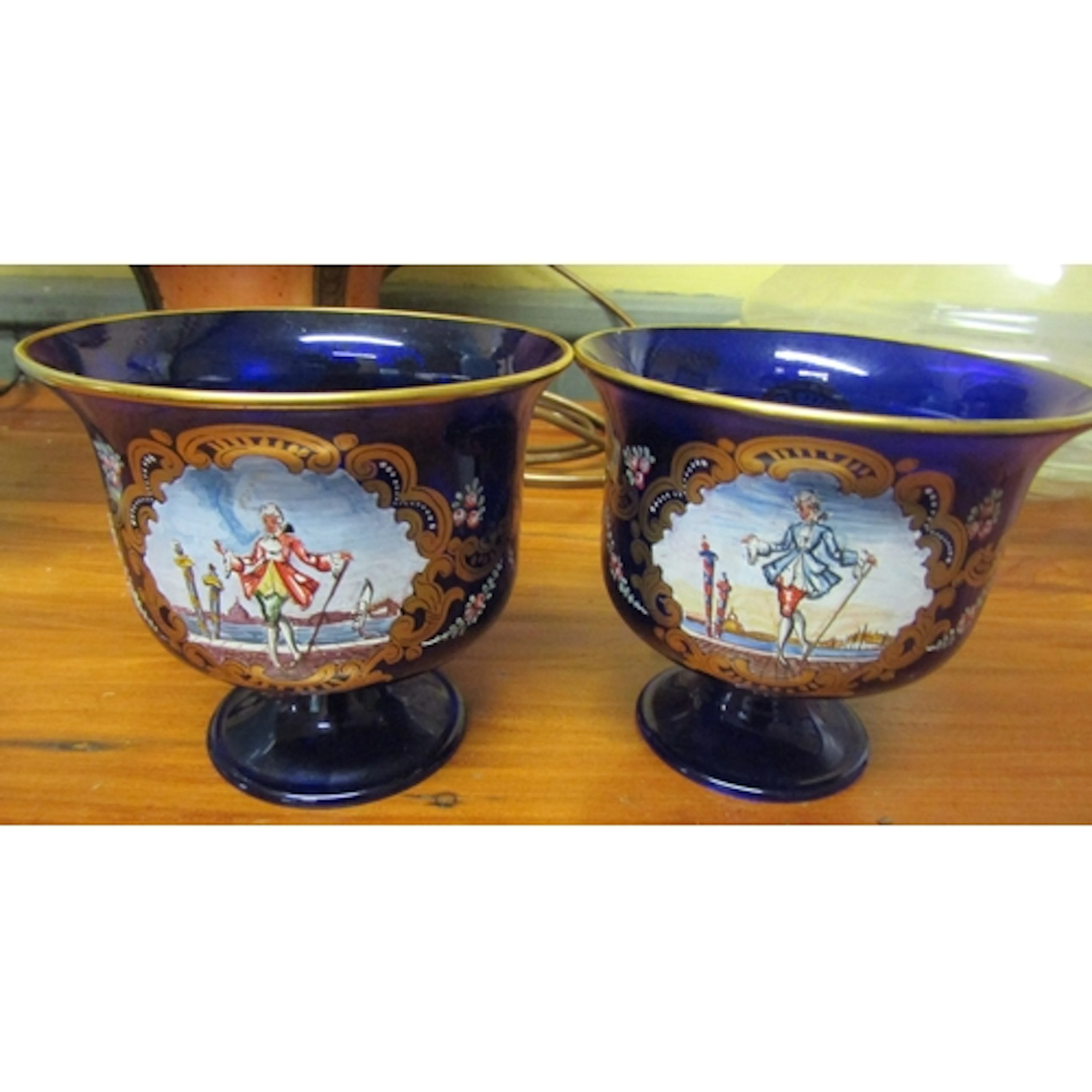 Pair of Venetian Crystal Painted Pedestal Form Bowls Each D...