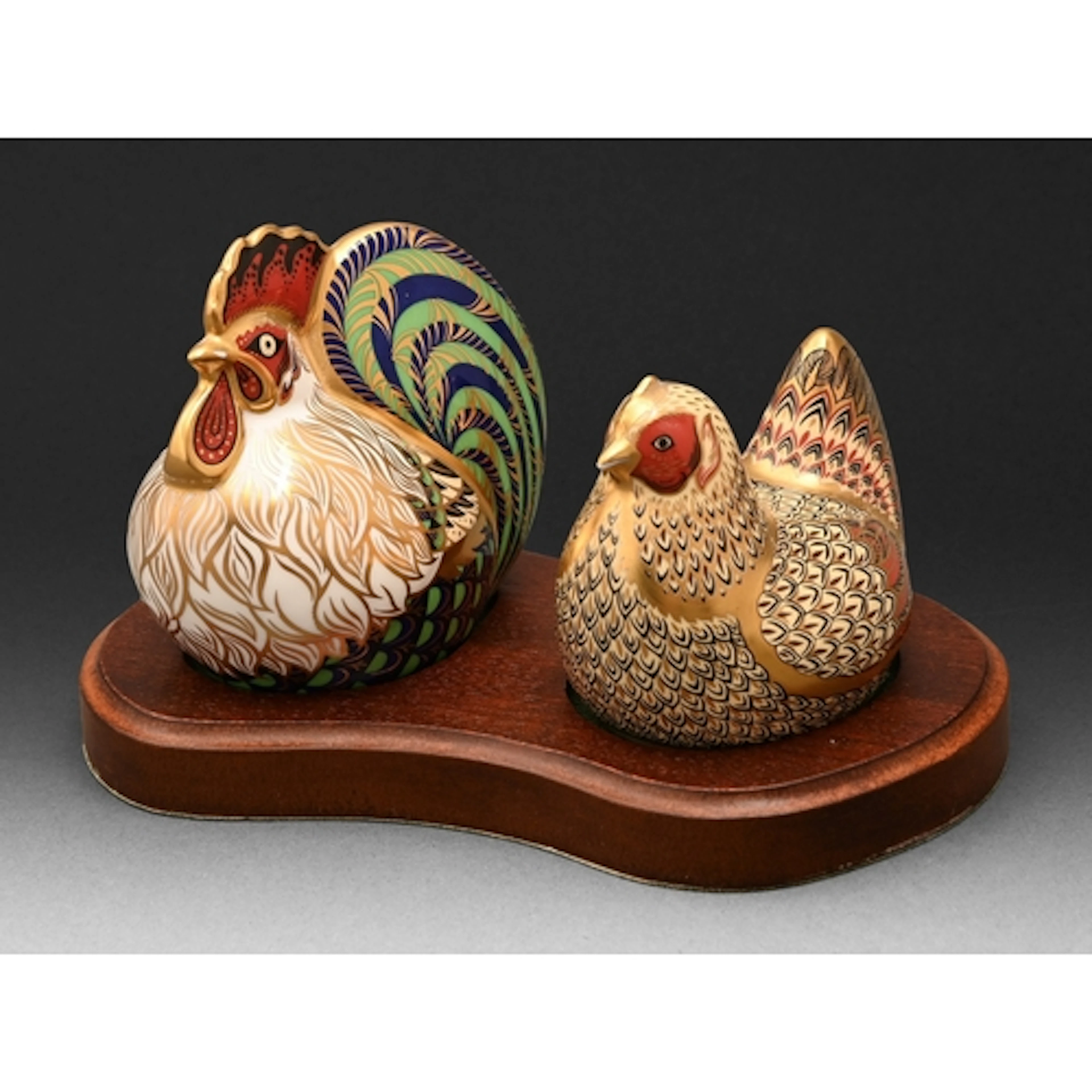 A pair of Royal Crown Derby Farmyard Cockerel and Farmyard H...