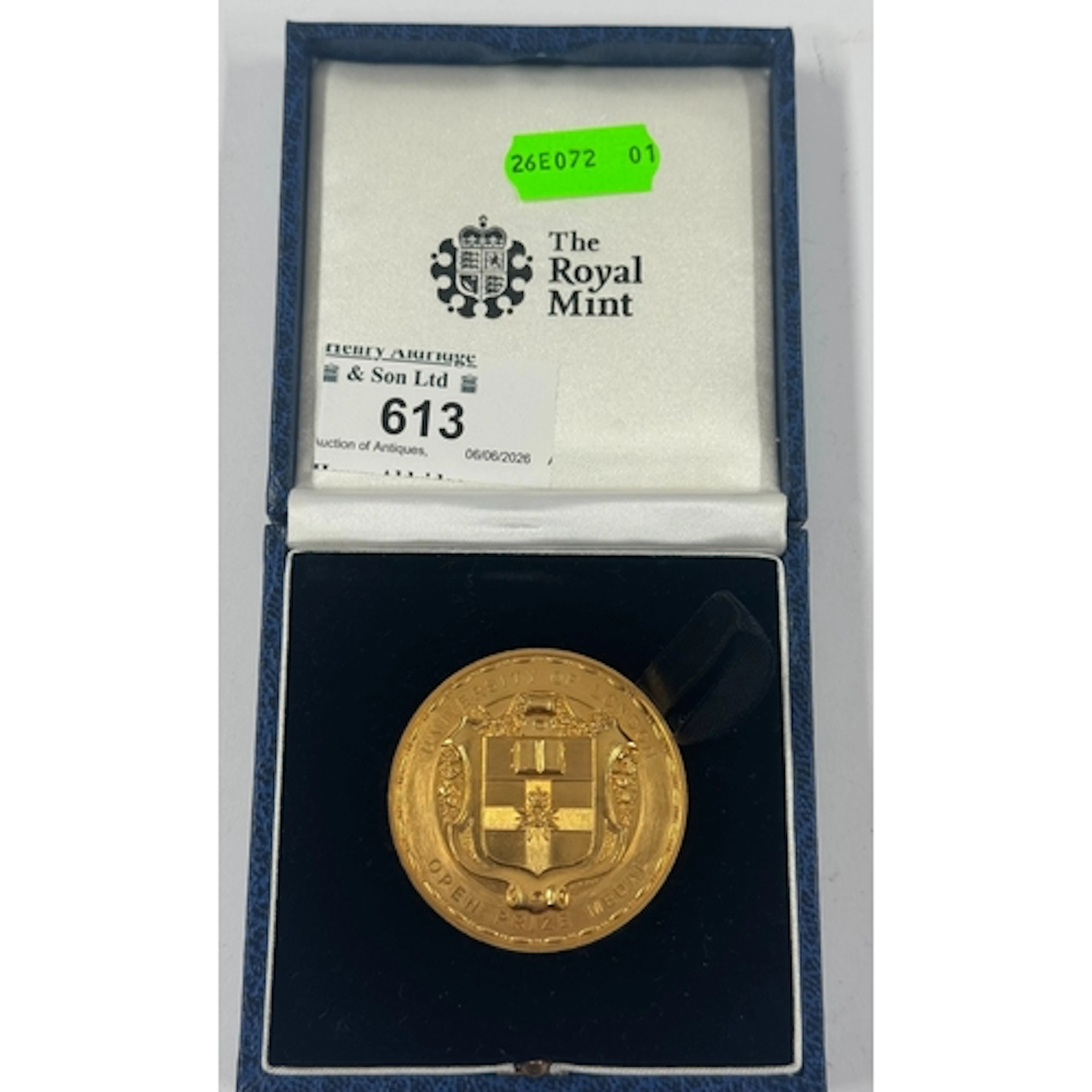 Medals: a yellow metal University Of London Open Prize medal...