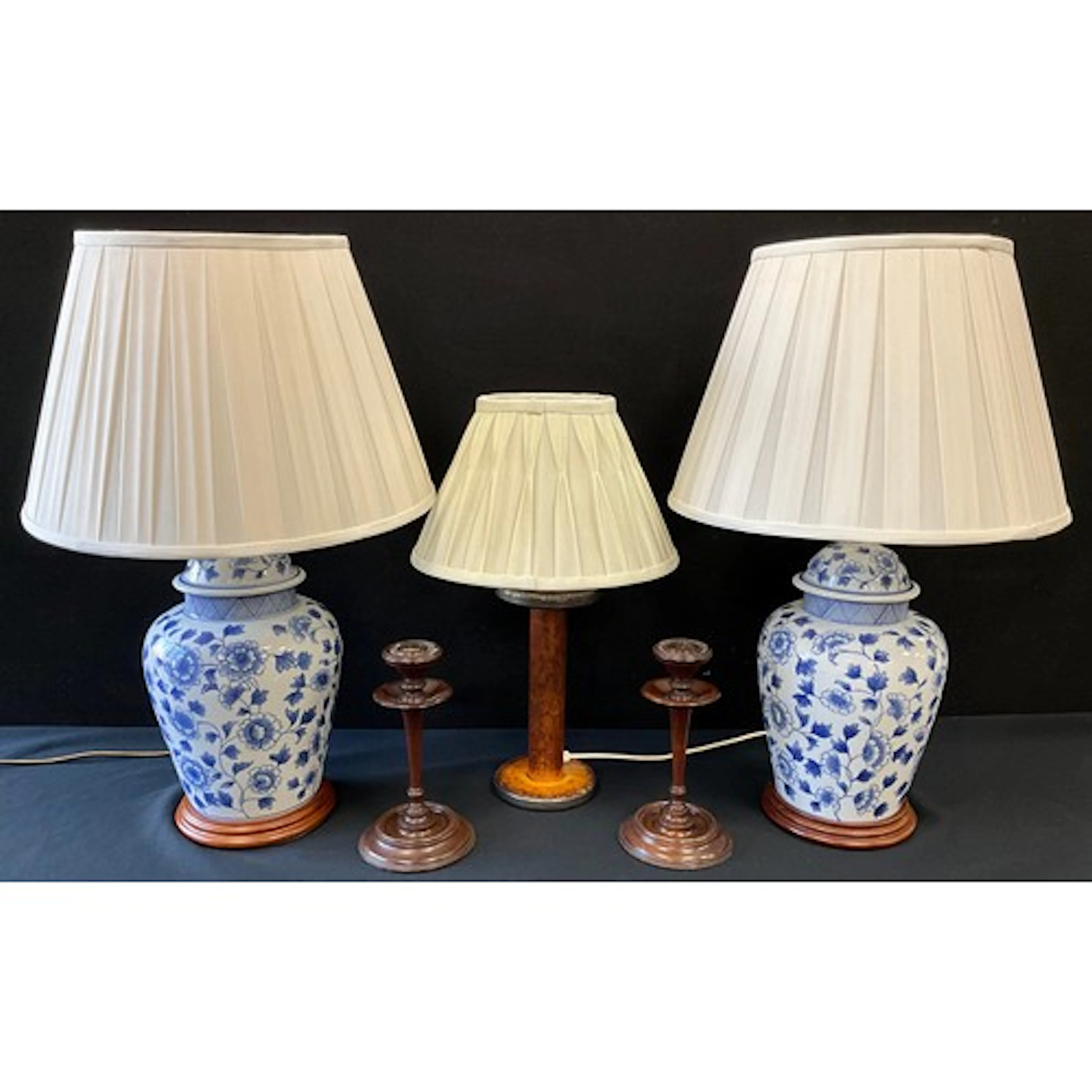A pair of oriental style blue and white ginger jar style tab...
