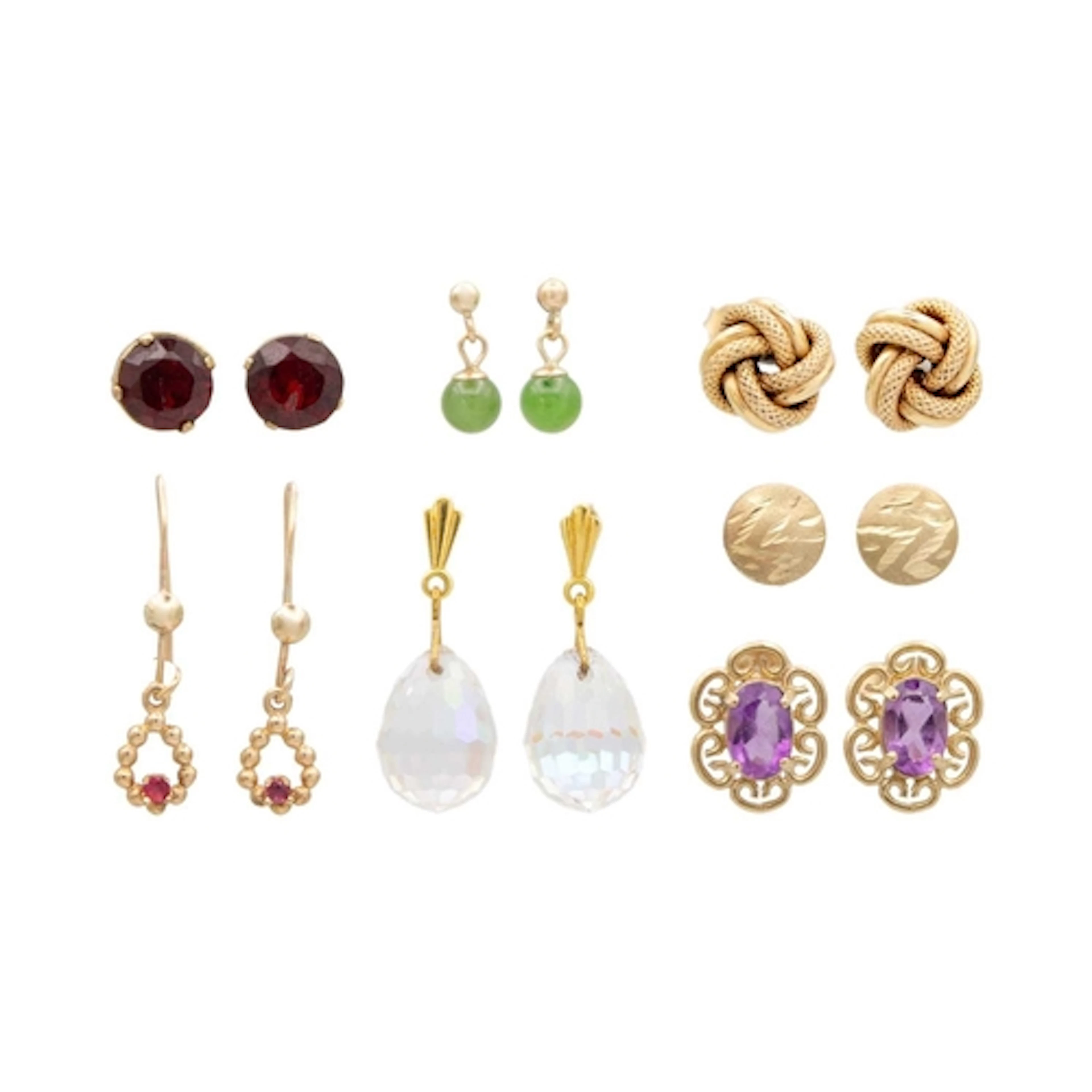 A selection of seven pairs of 9k gold earrings. Including a ...