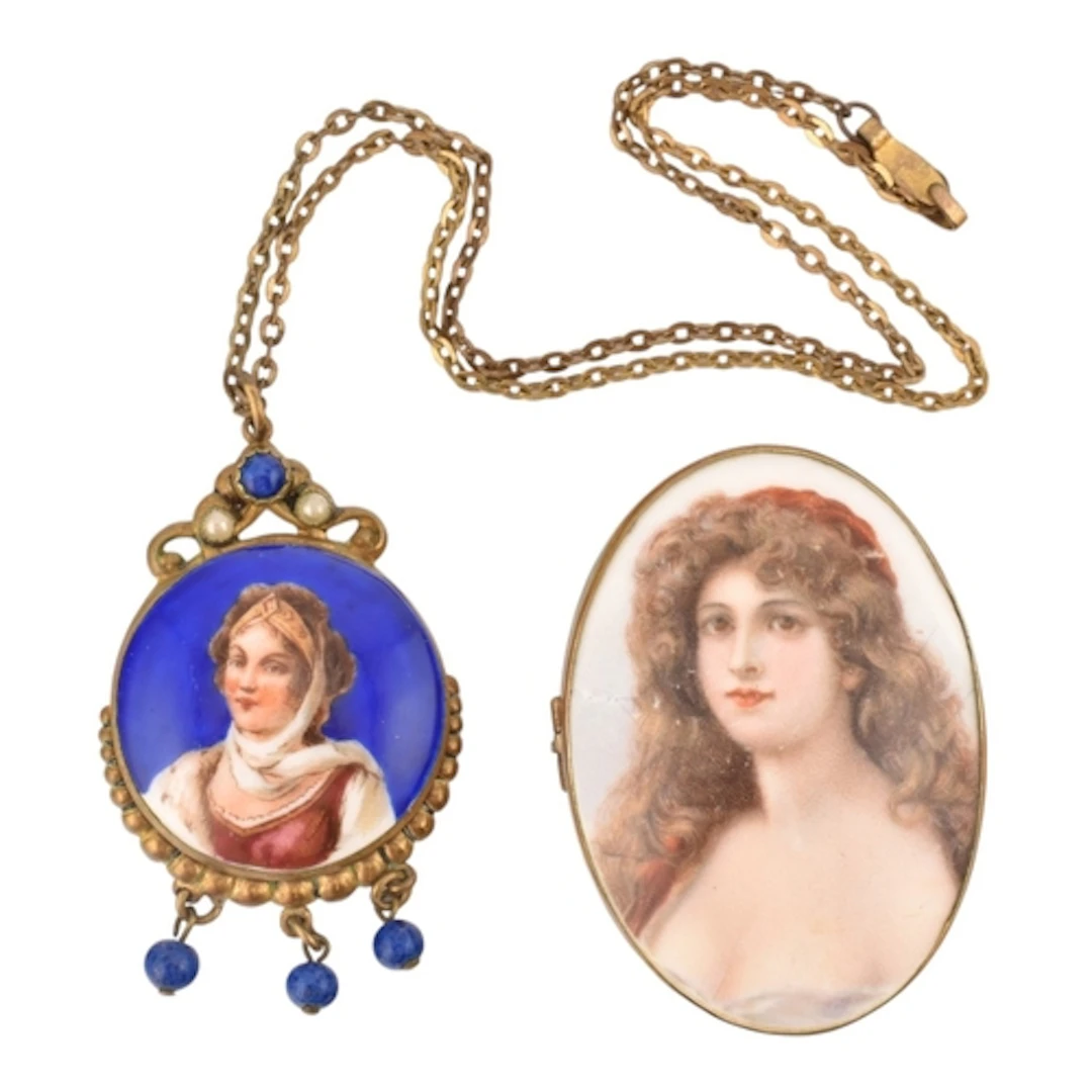 Czech painted ceramic miniatue portrait pendant necklace and...