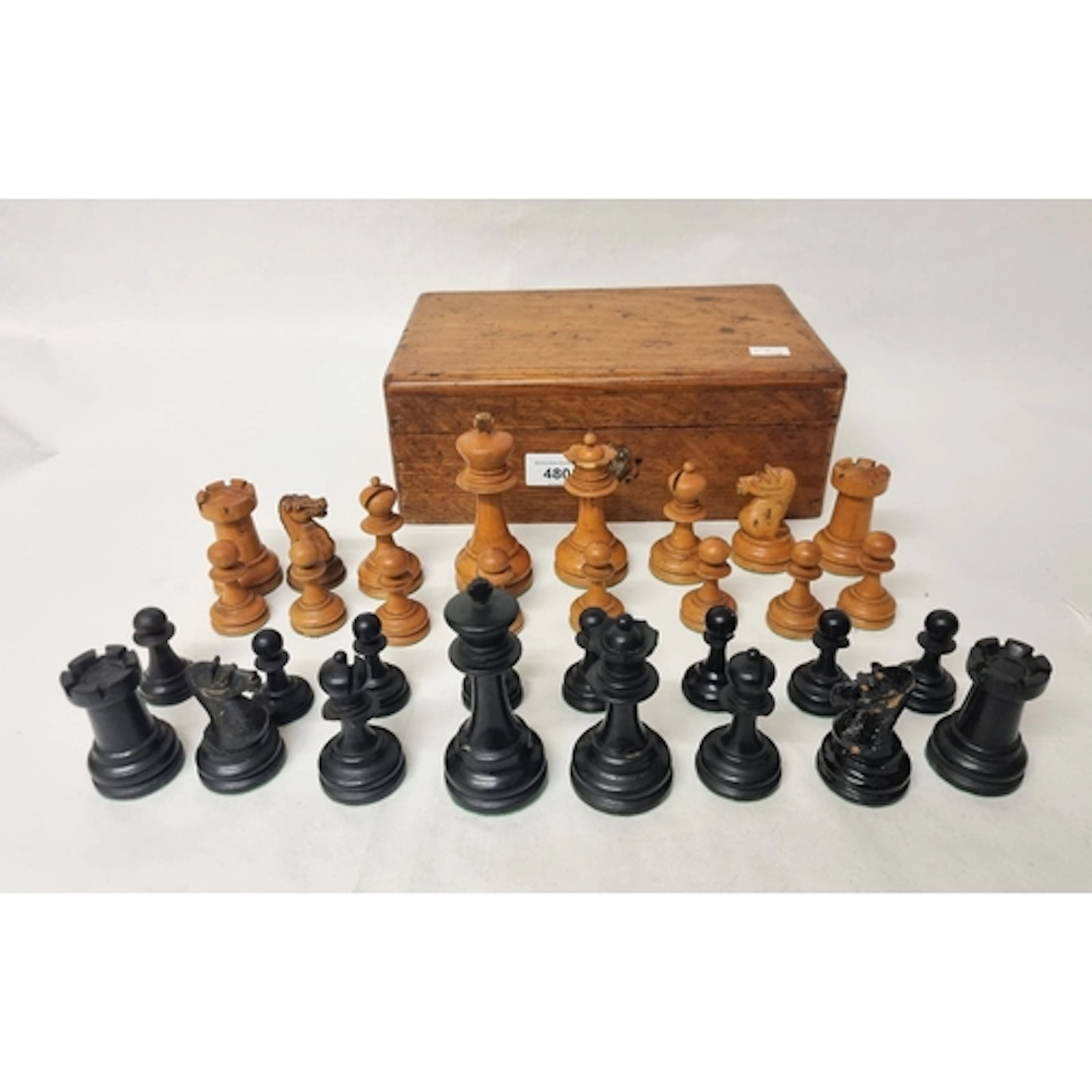 An antique club sized wooden chess set (King 4") weighted se...