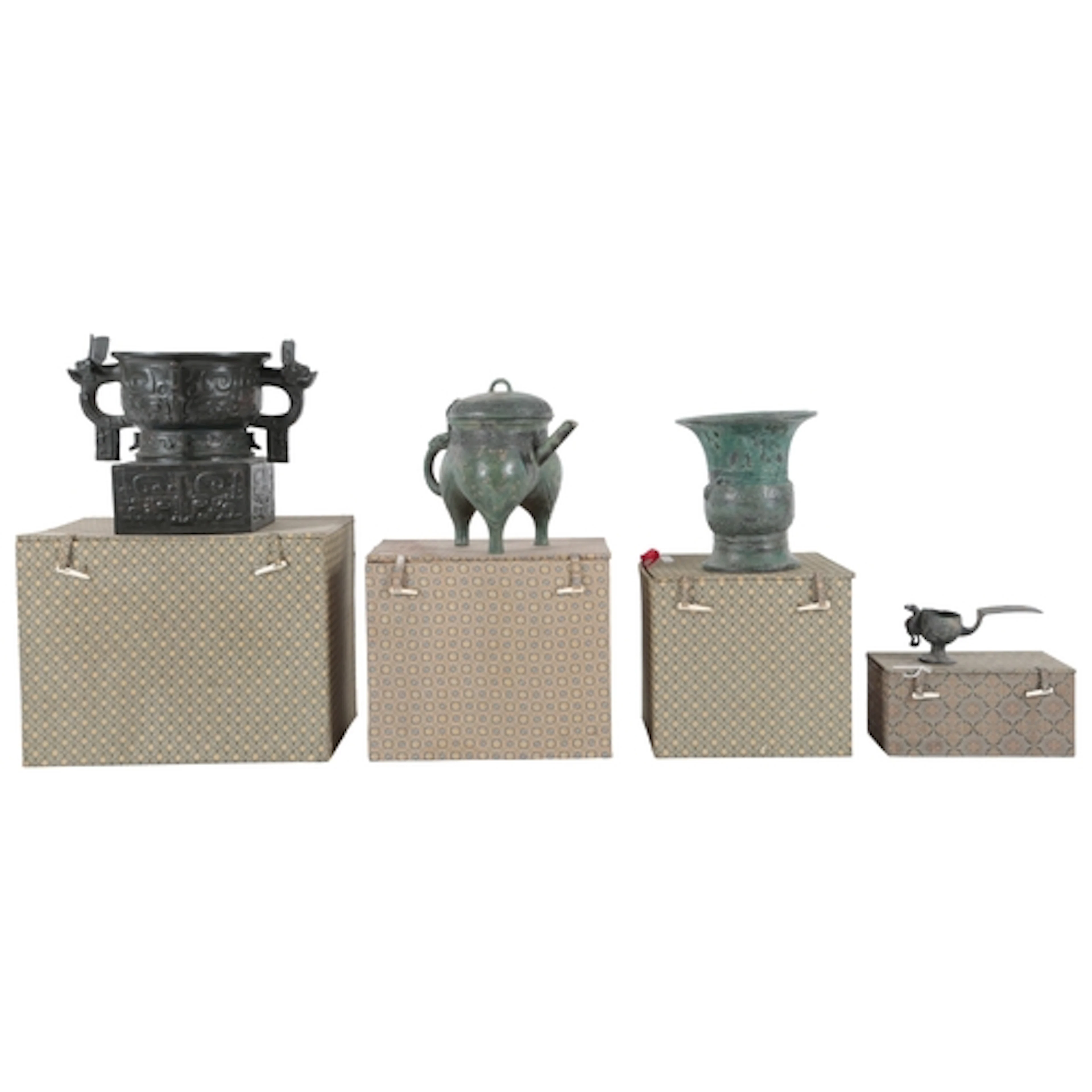Four Chinese patinated bronze archaistic models of a square ...
