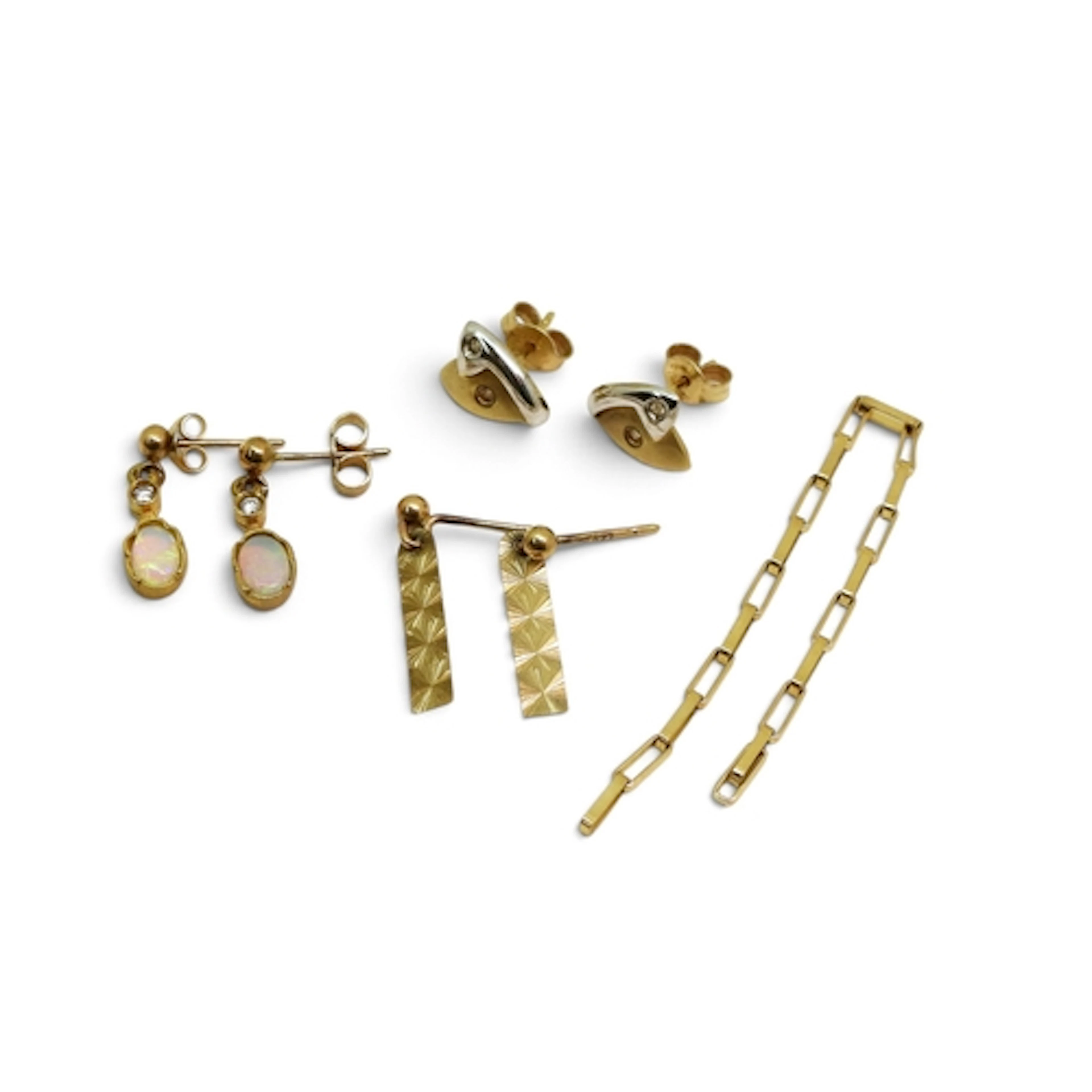 A pair of 9ct gold opal and diamond drop earrings, length 1....