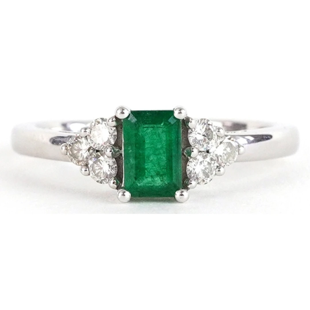 9ct white gold emerald and diamond ring, the emerald approxi...