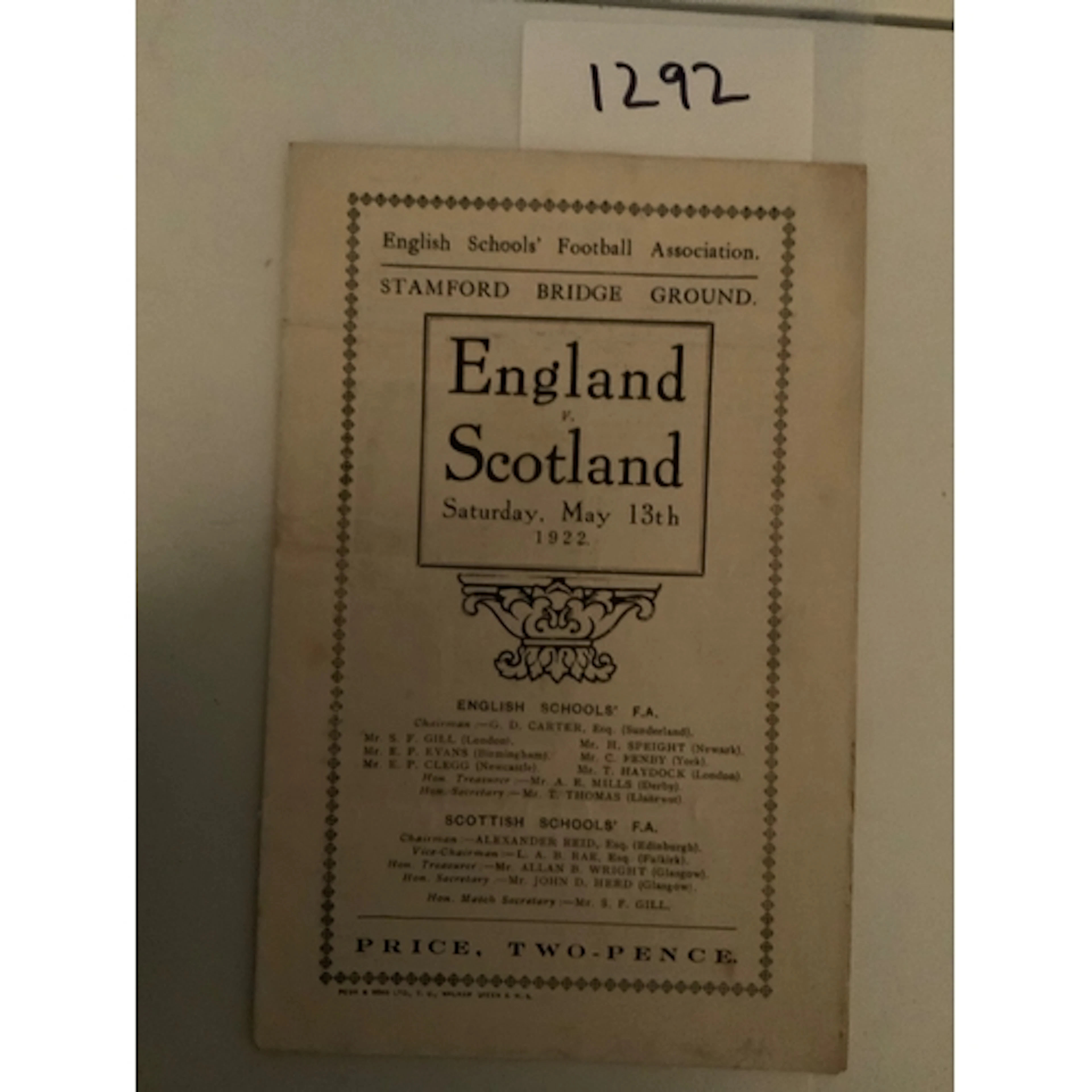 1922 England v Scotland Schools Football Programme: Played a...