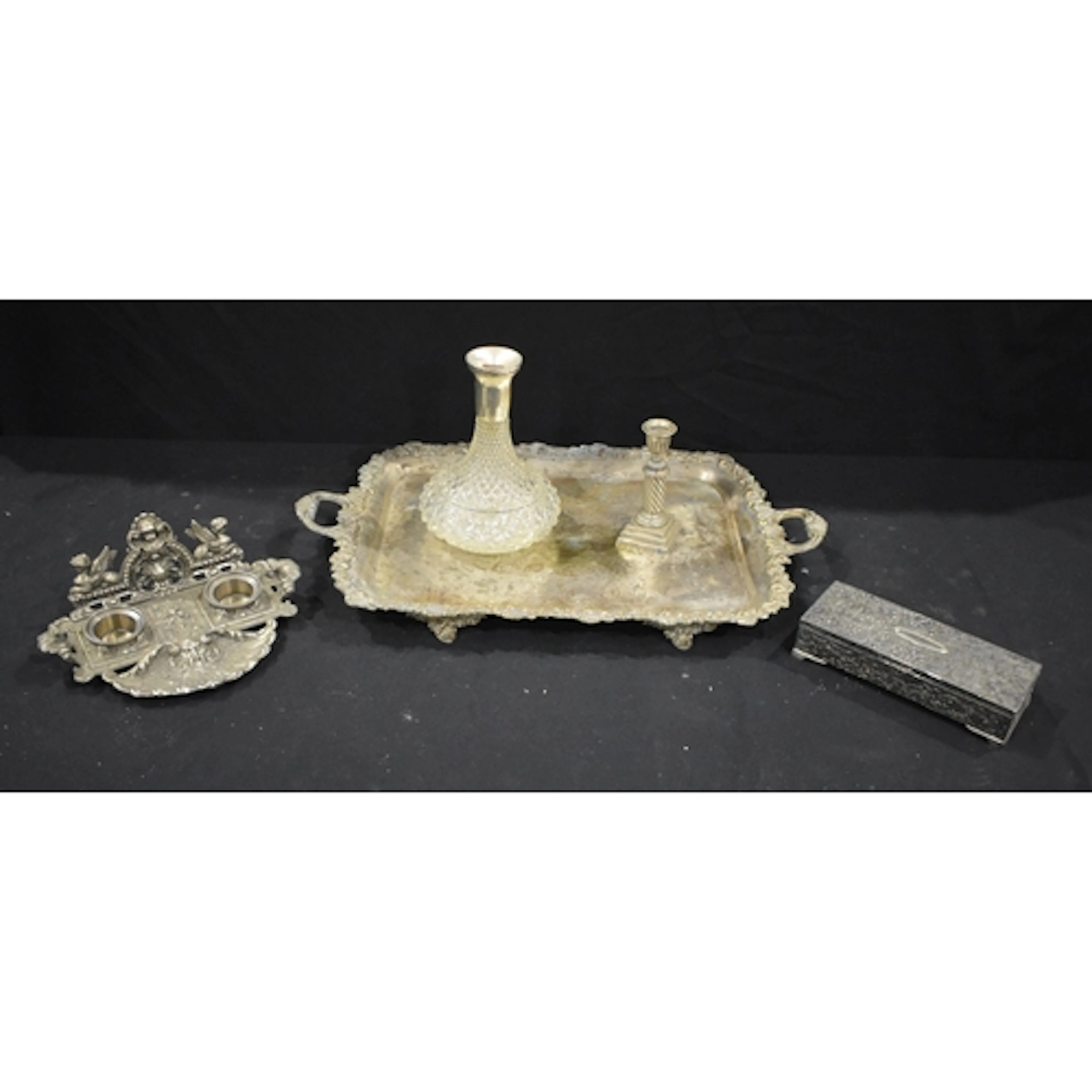 A large antique silver plate tray together with a pewter de...