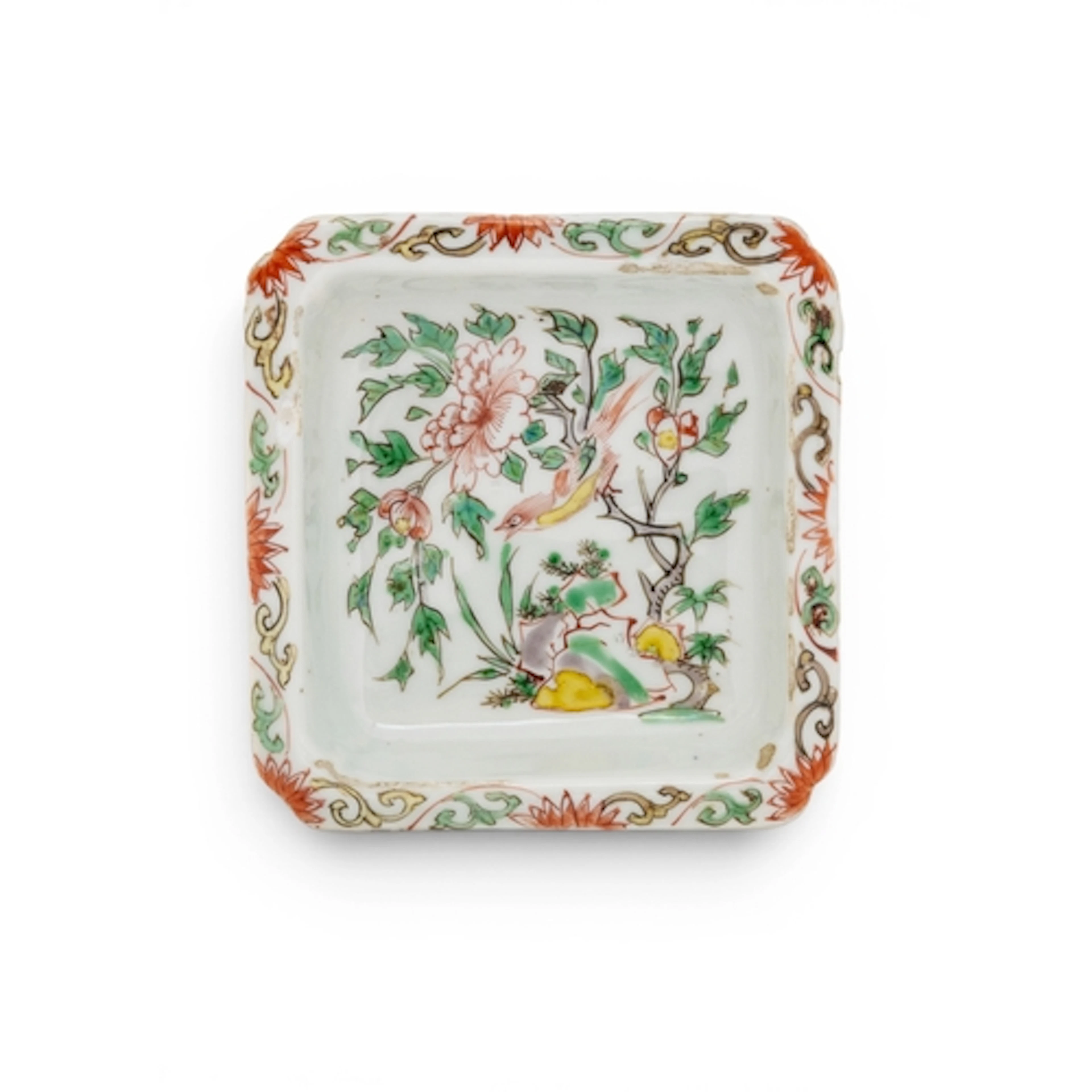 A RARE CHINESE PORCELAIN WUCAI, KO-AKAI, SQUARE SWEETMEAT DI...