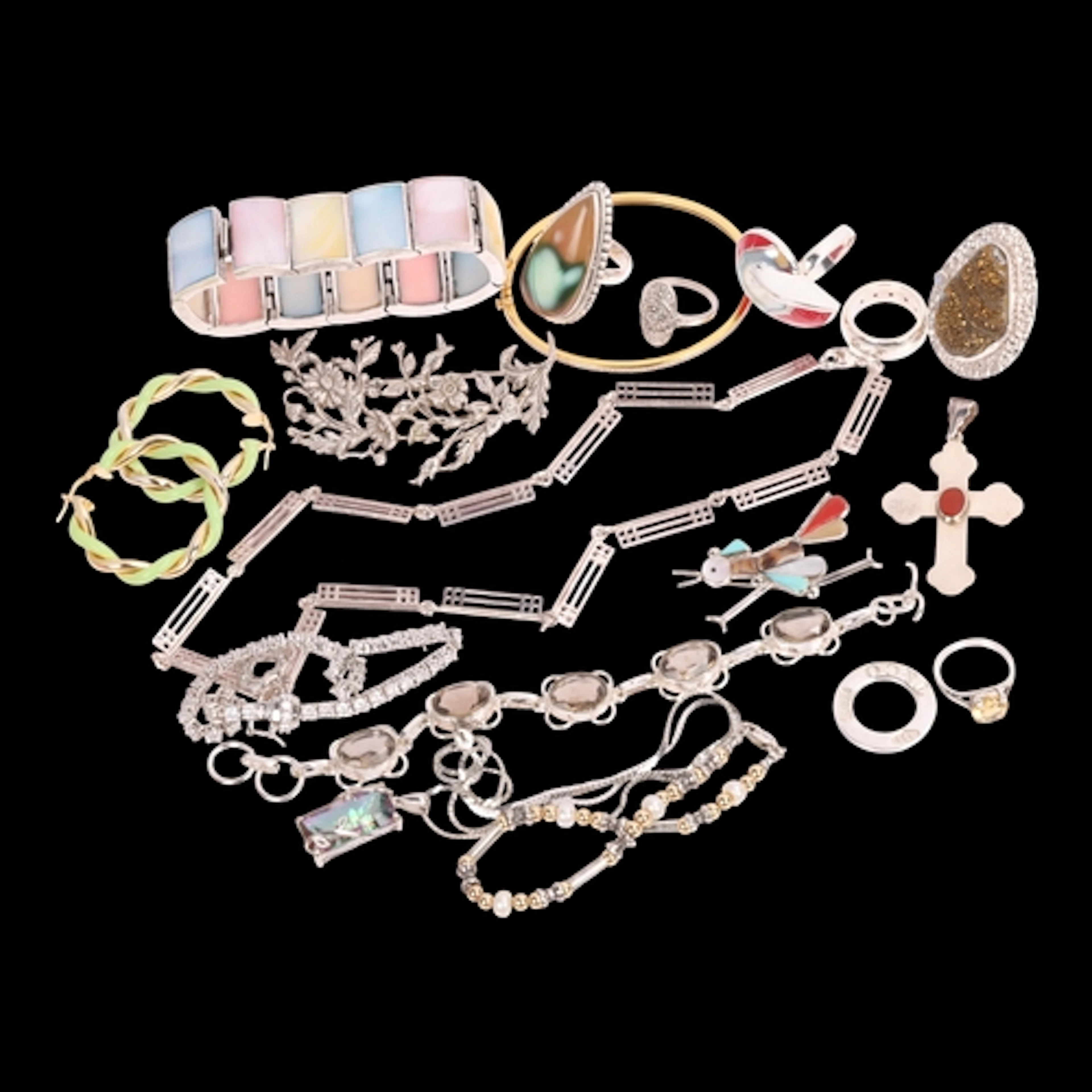 Various jewellery, including large silver floral brooch, Gem...