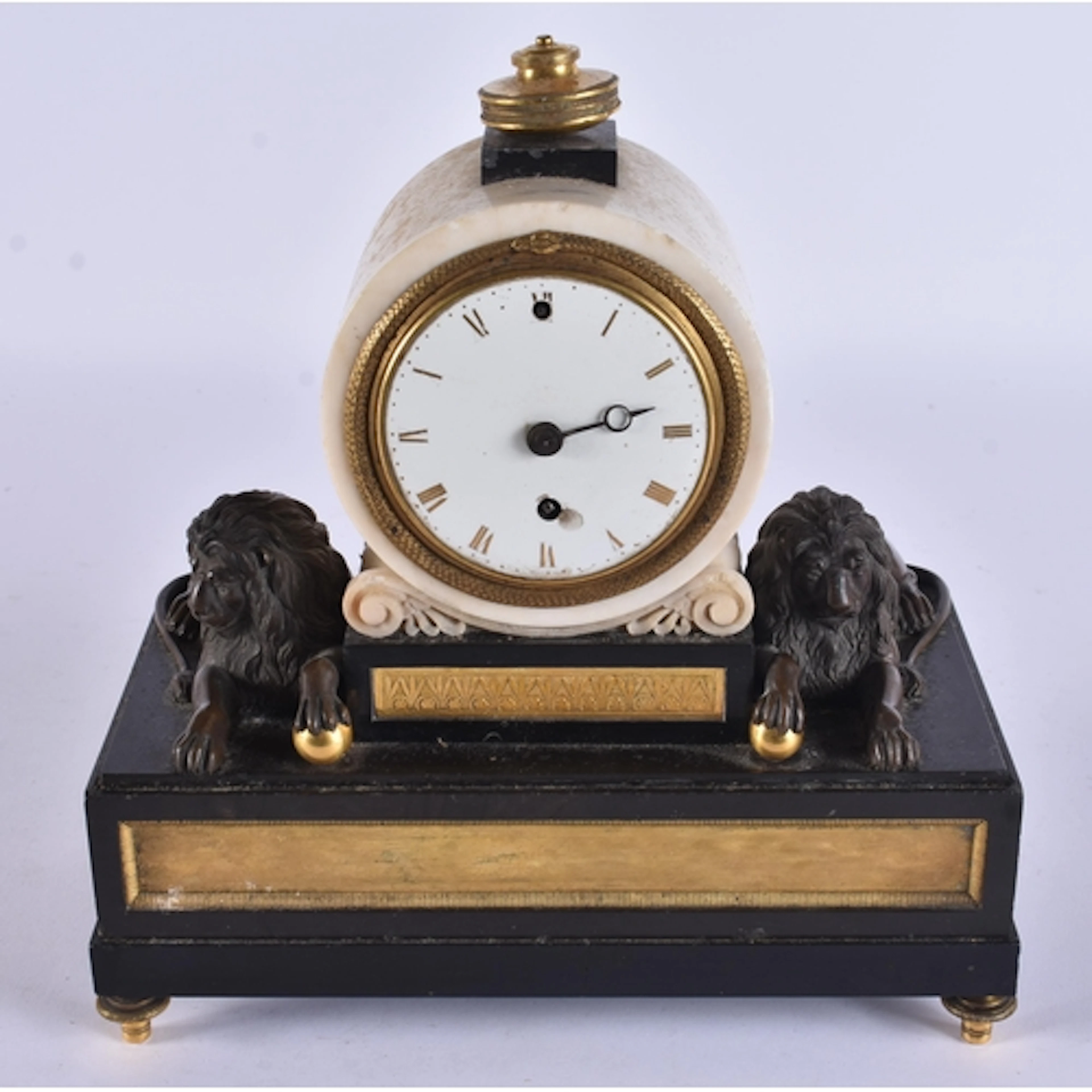 A RARE LATE 18TH/19TH CENTURY BRONZE AND MARBLE MANTEL CLOCK...