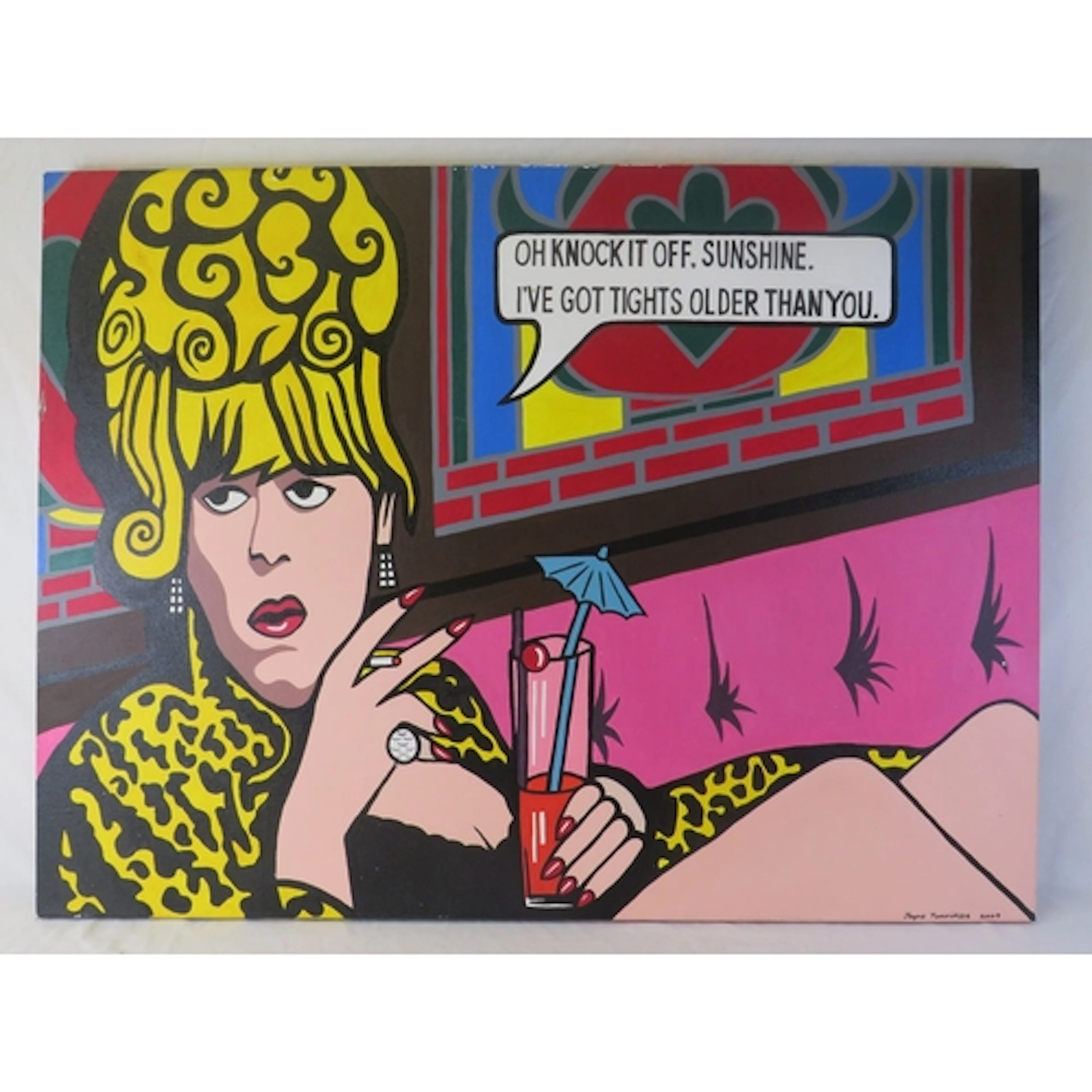 Acrylic on Canvas, pop art style painting, woman holding a c...