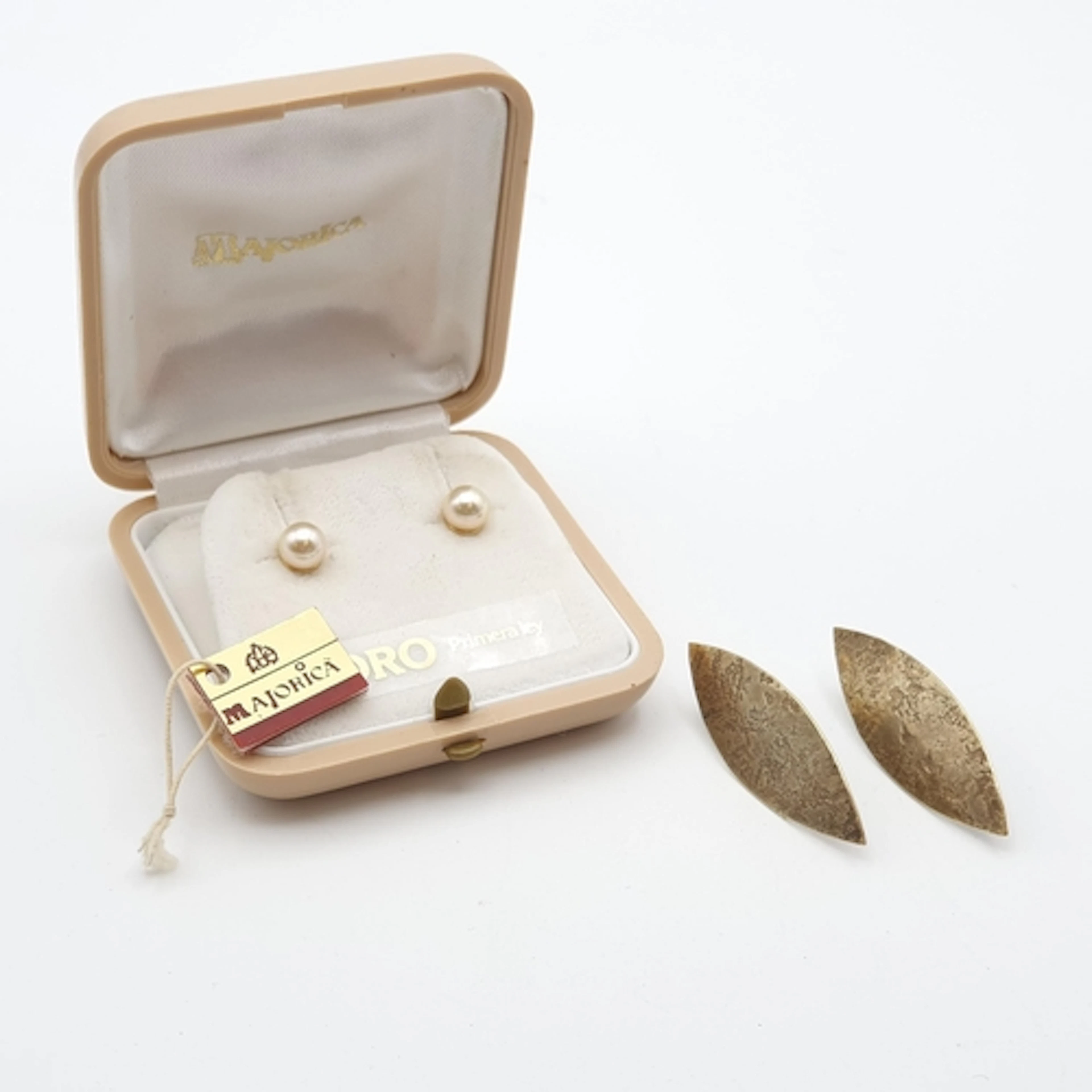 A pair of simulated Majorica Pearl Earrings on posts stamped...