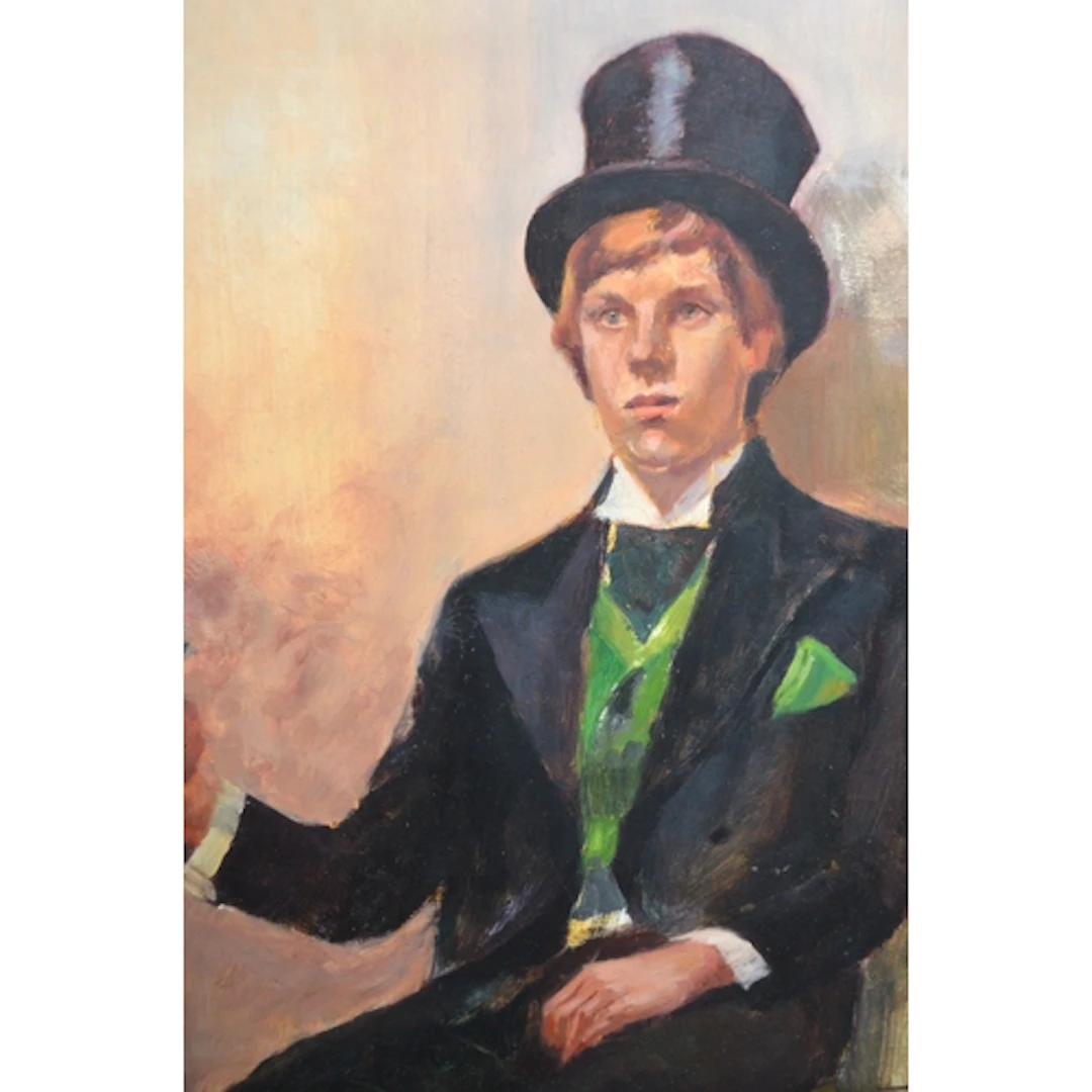 Oil on board, portrait of a young man with top hat and cane,...