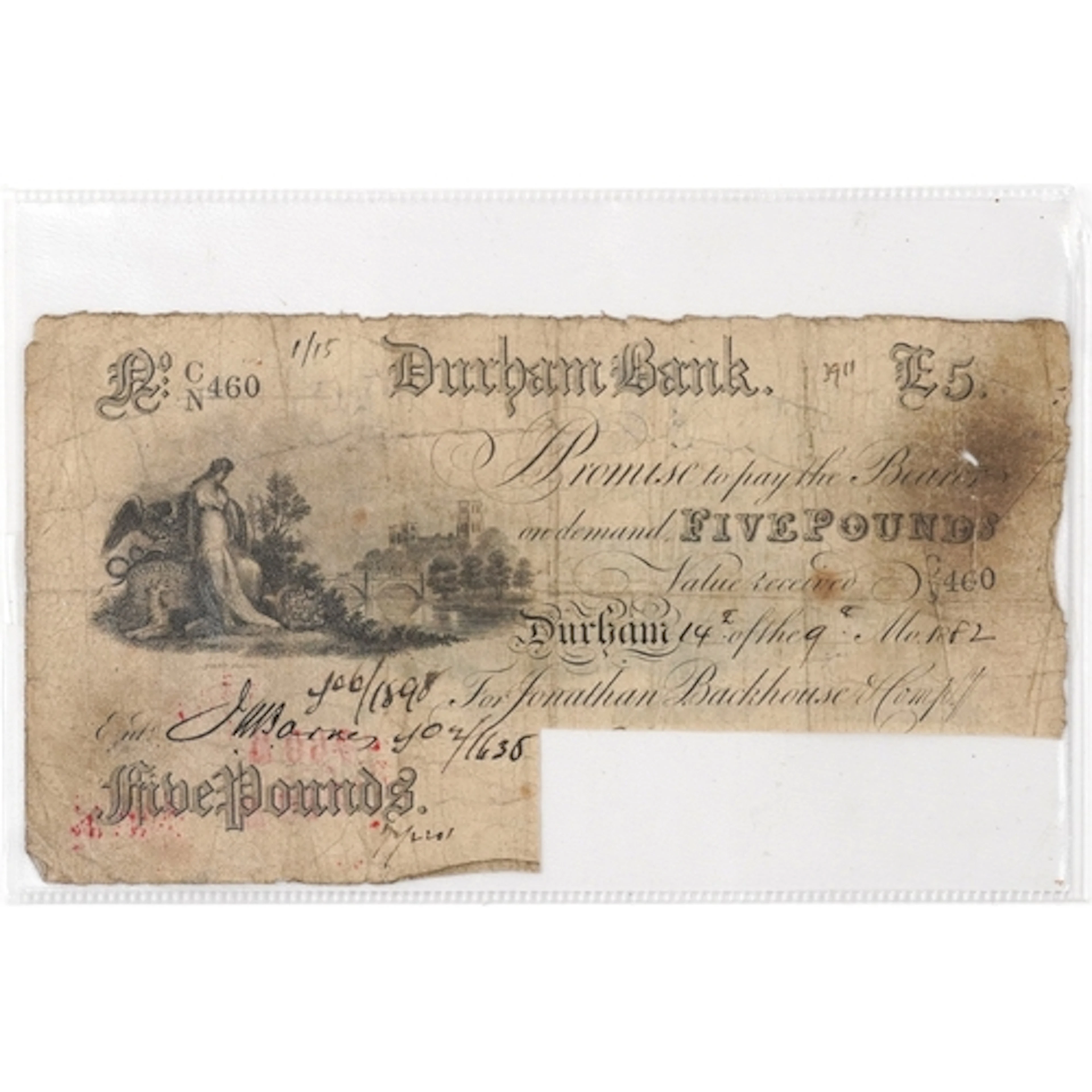 19th century Durham Bank white five pound note, issued for J...