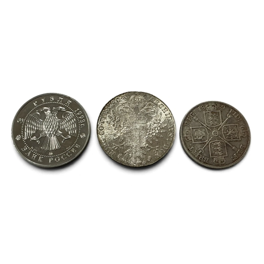 Three Silver Coins, 1889 Victoria double florin, 1993 Russia...