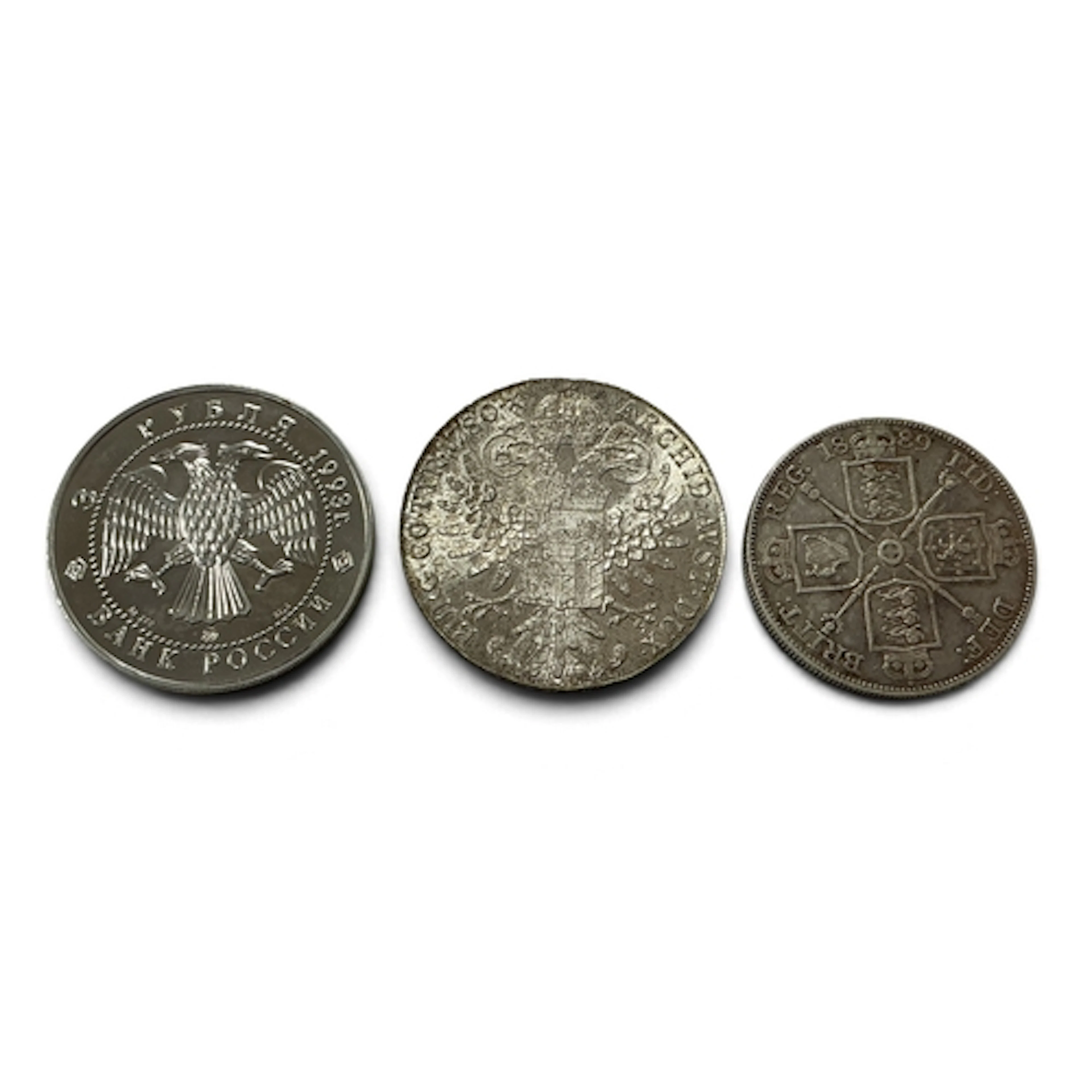 Three Silver Coins, 1889 Victoria double florin, 1993 Russia...