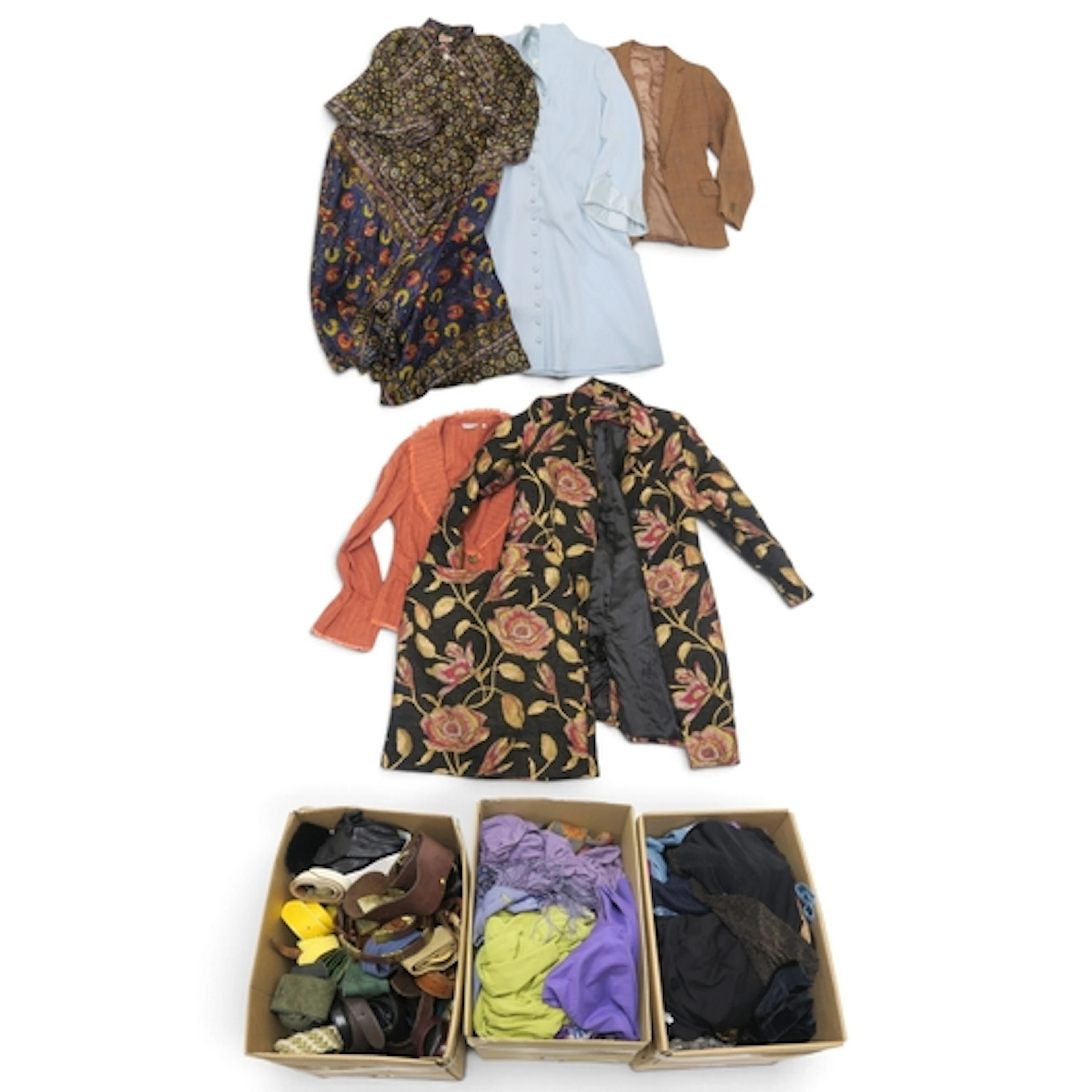 A collection of leather belts, gloves, and hats; together wi...