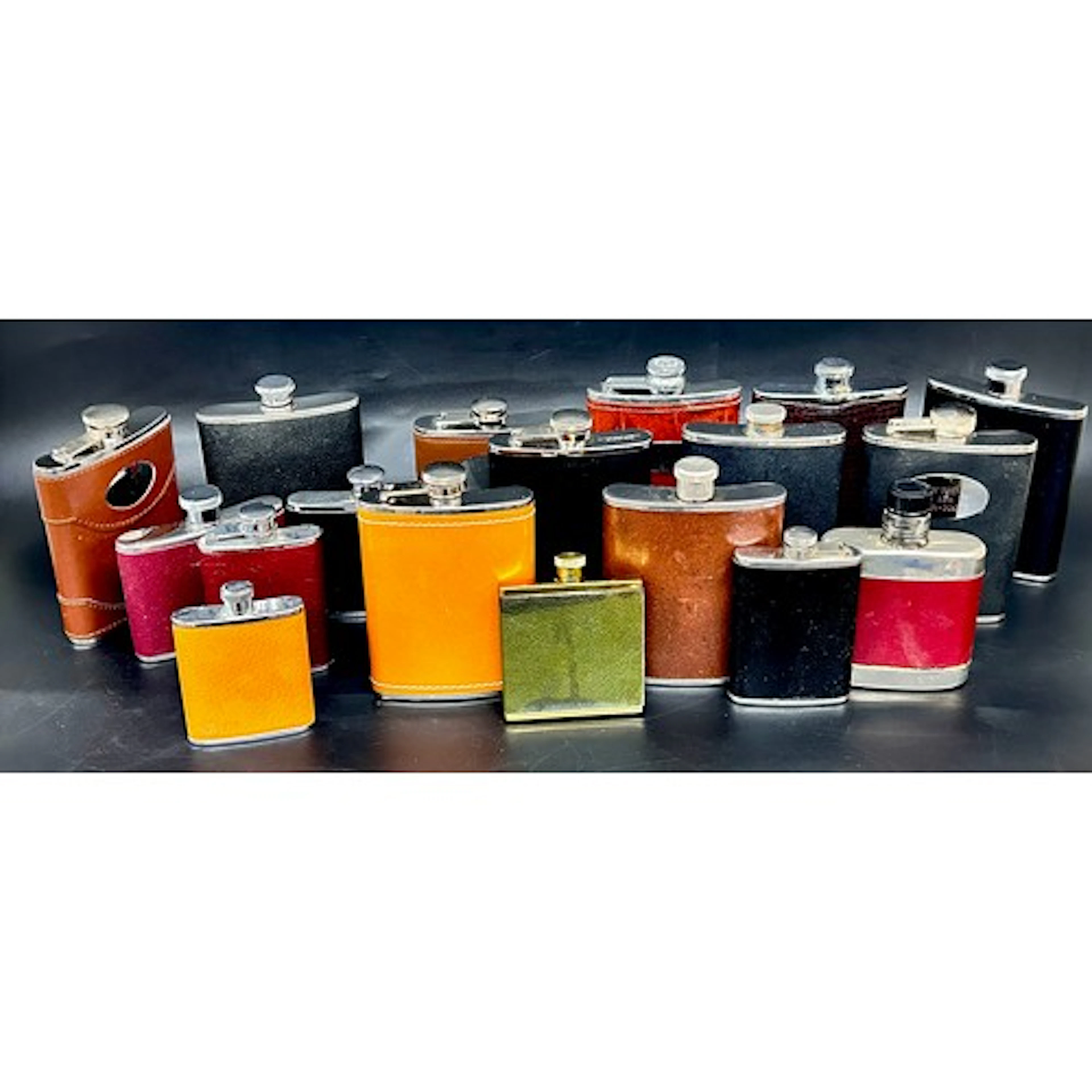 A collection of hip flasks, many made with real leather
