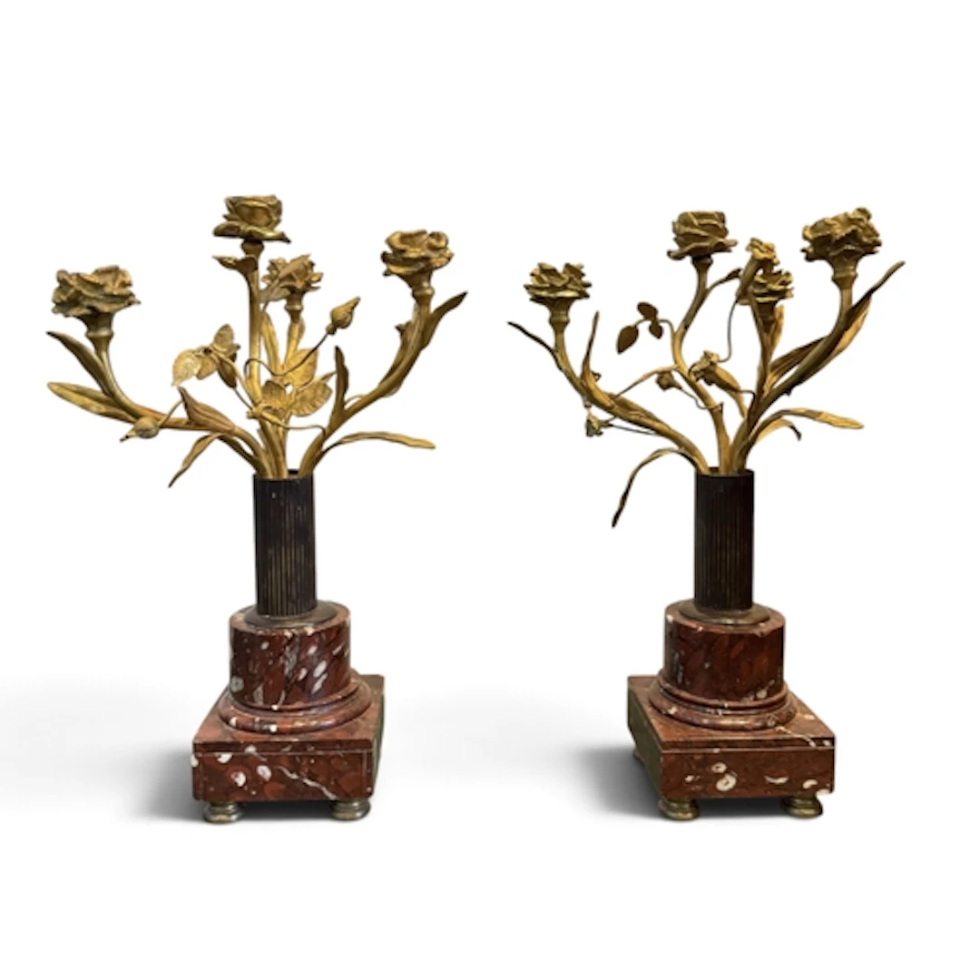 A PAIR OF FRENCH BRONZE SCULPTURES OF FLOWERS Mounted in a b...