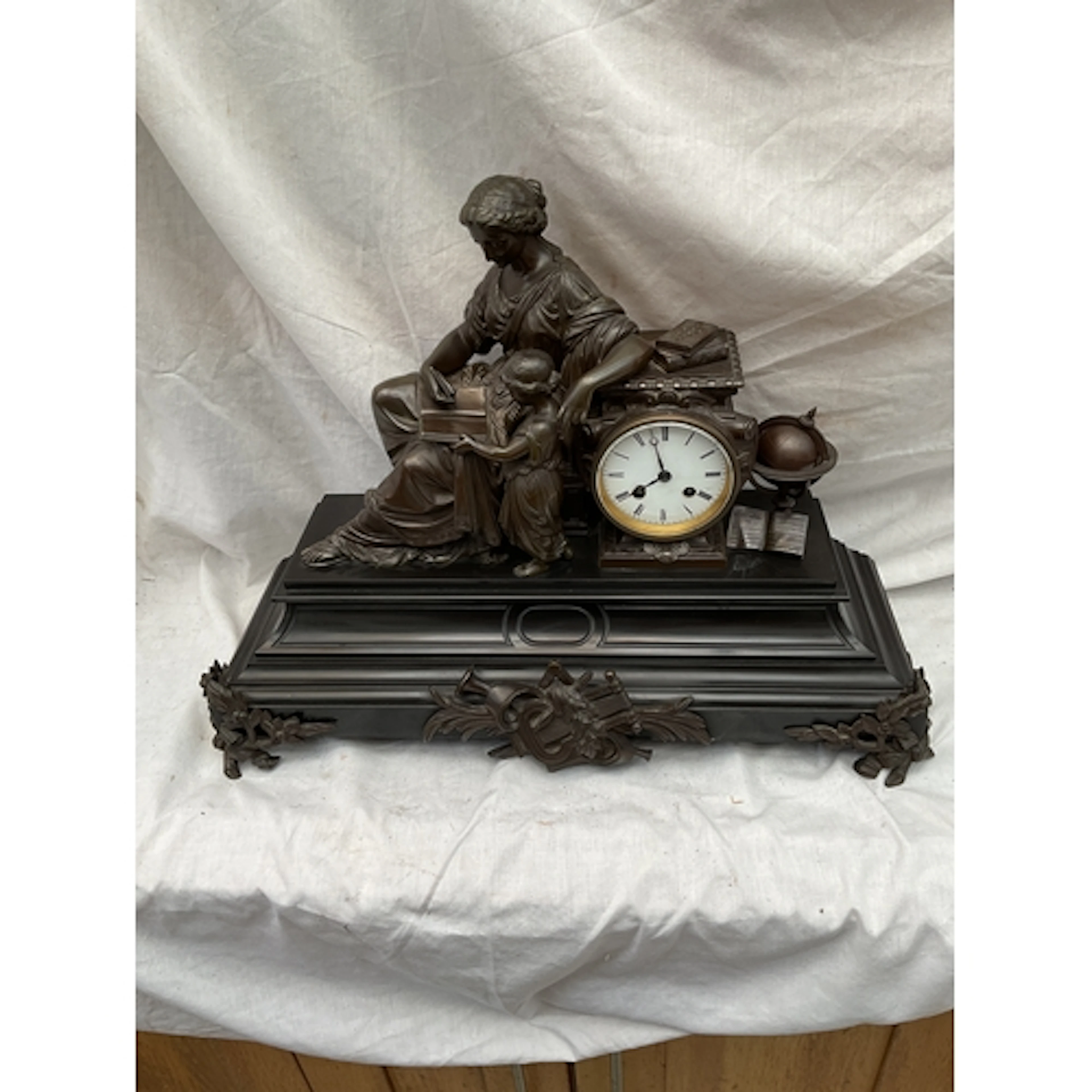 French Bronze and marble clock with mother and child in lear...
