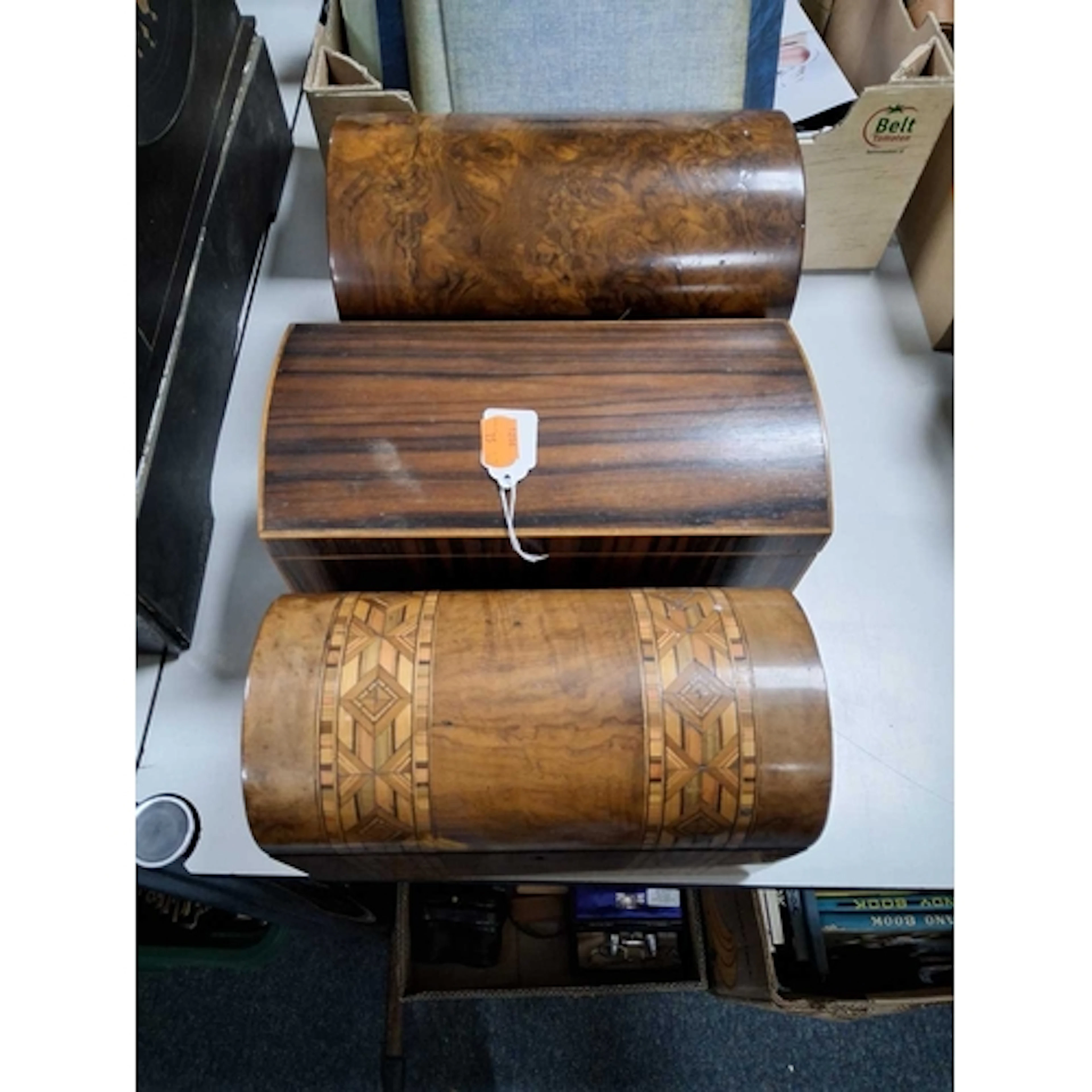 THREE VINTAGE DOME-TOPPED TEA CADDIES/BOXES, comprising a bu...