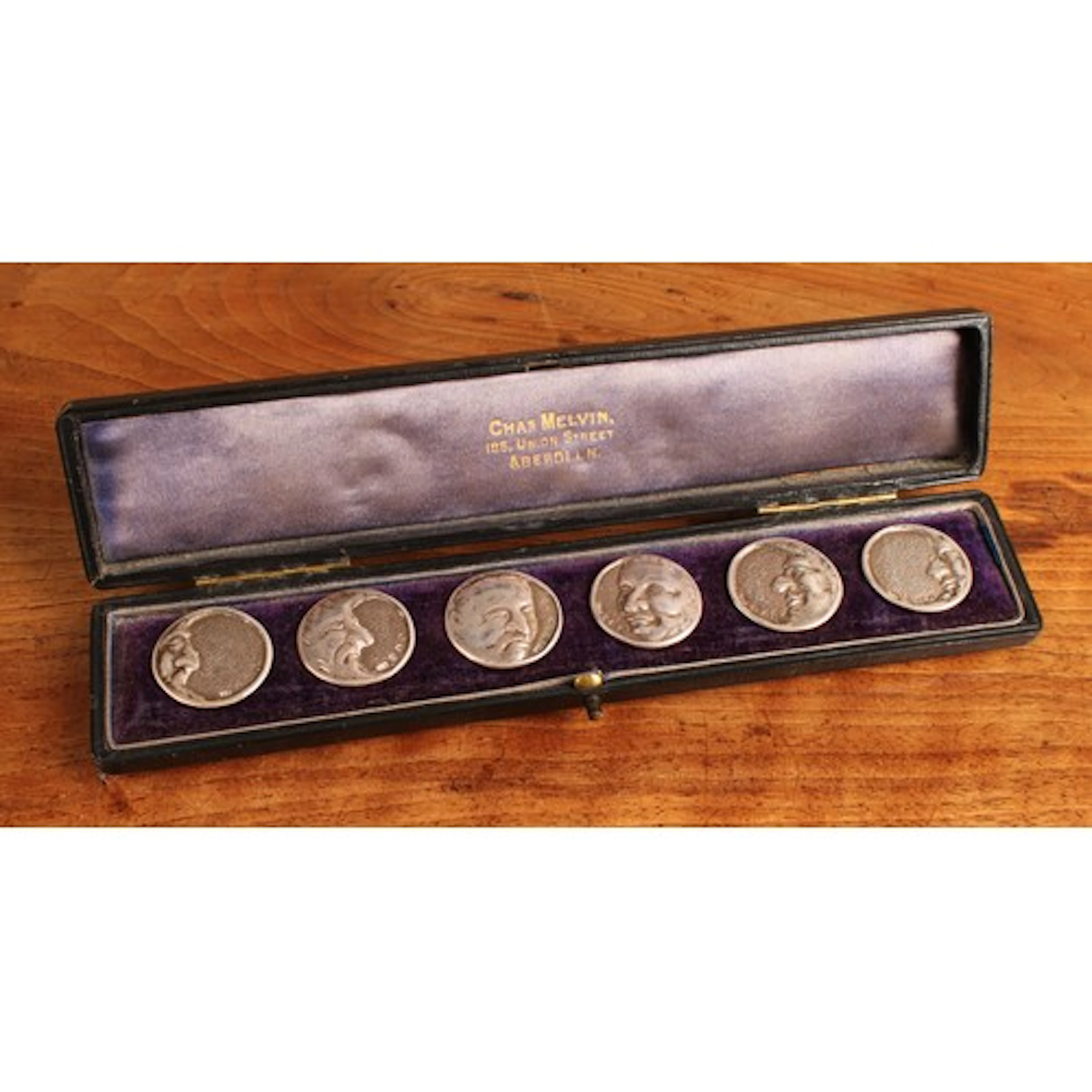 A set of six Scottish Art Nouveau silver novelty buttons, ea...
