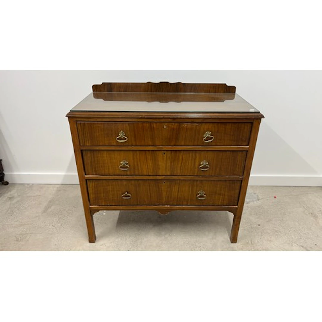 Mid Century walnut glass topped three drawer chest, 90cm x 8...
