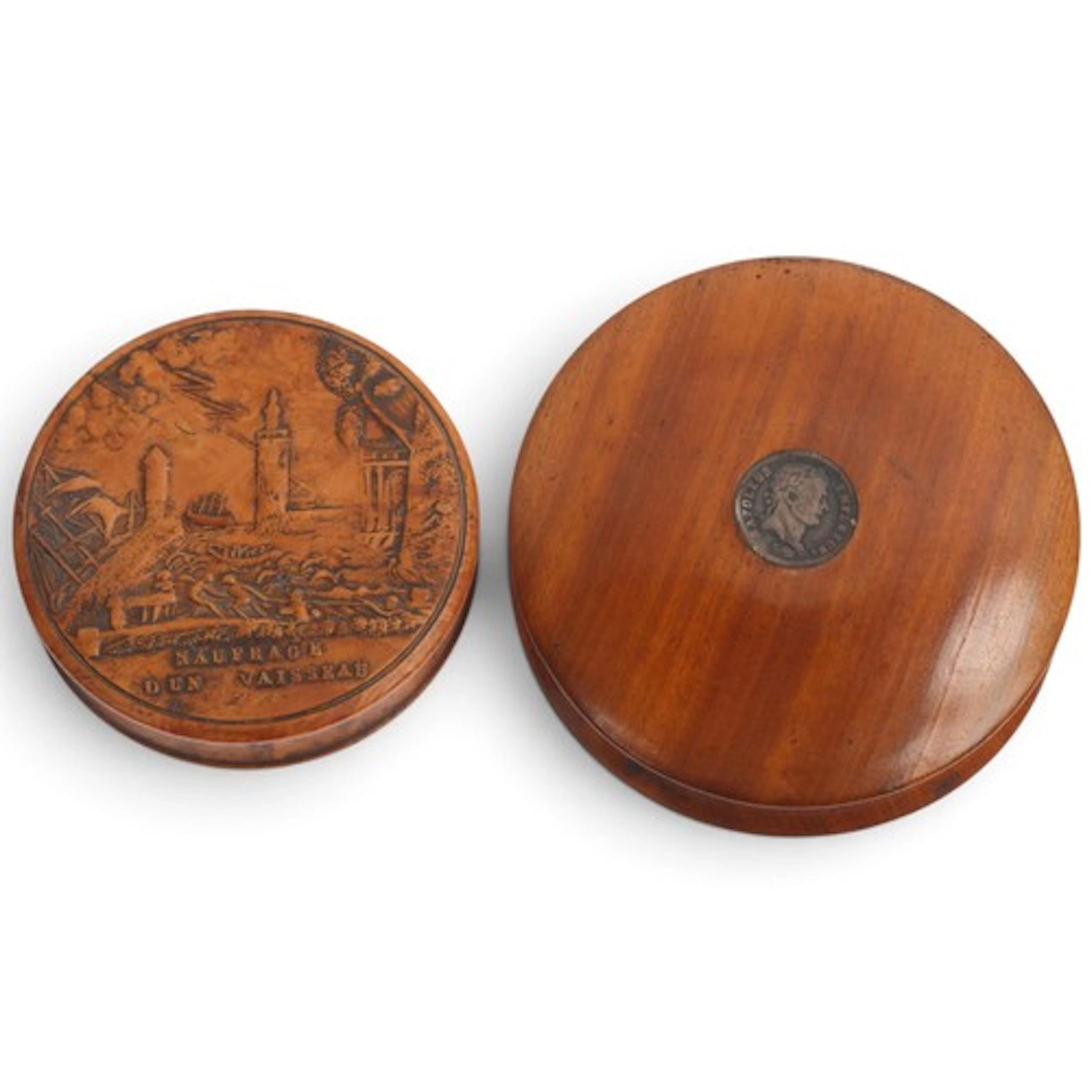 Two French round snuff boxes, one with shipwreck scene inscr...