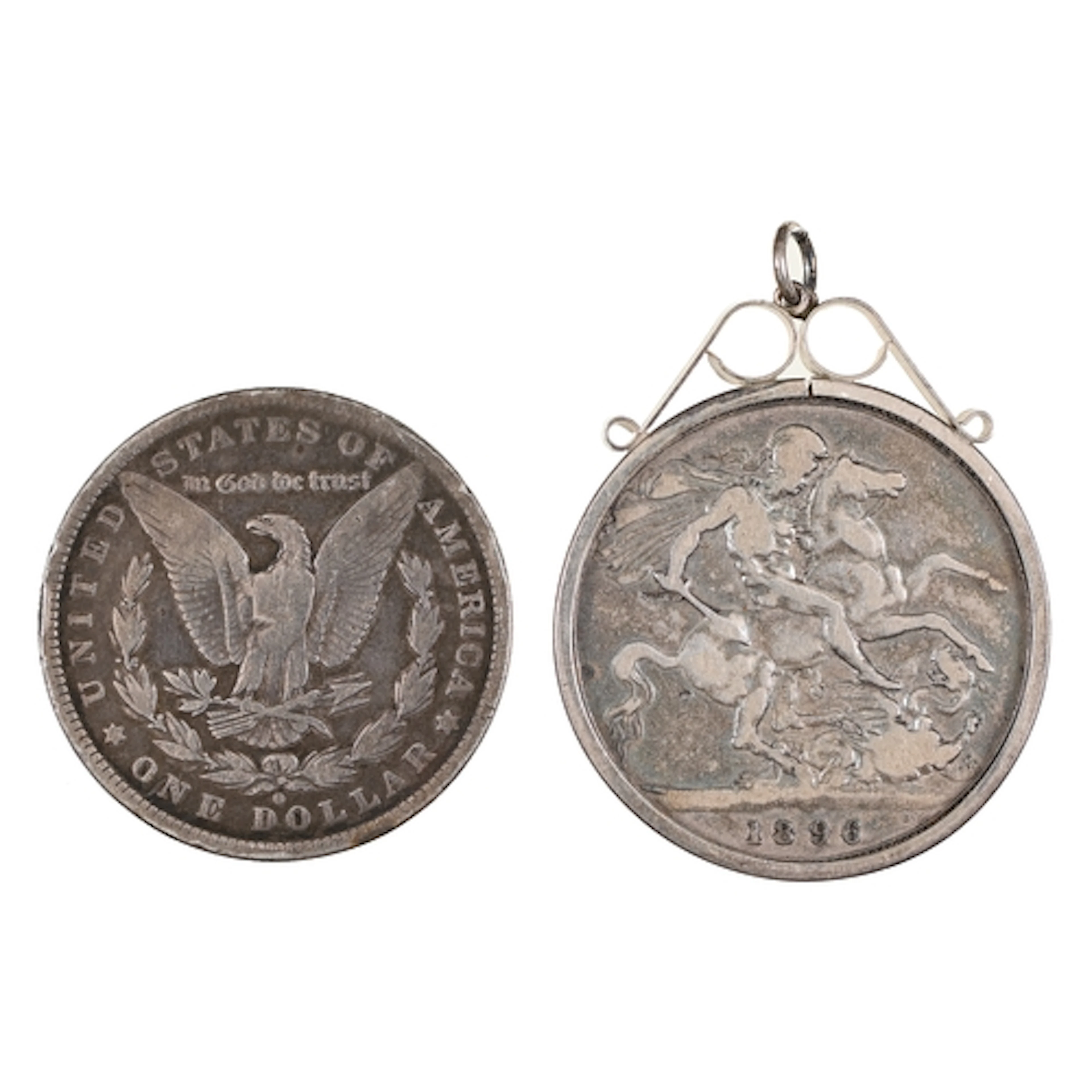 Silver coins. Crown 1896, mounted and United States of Ameri...