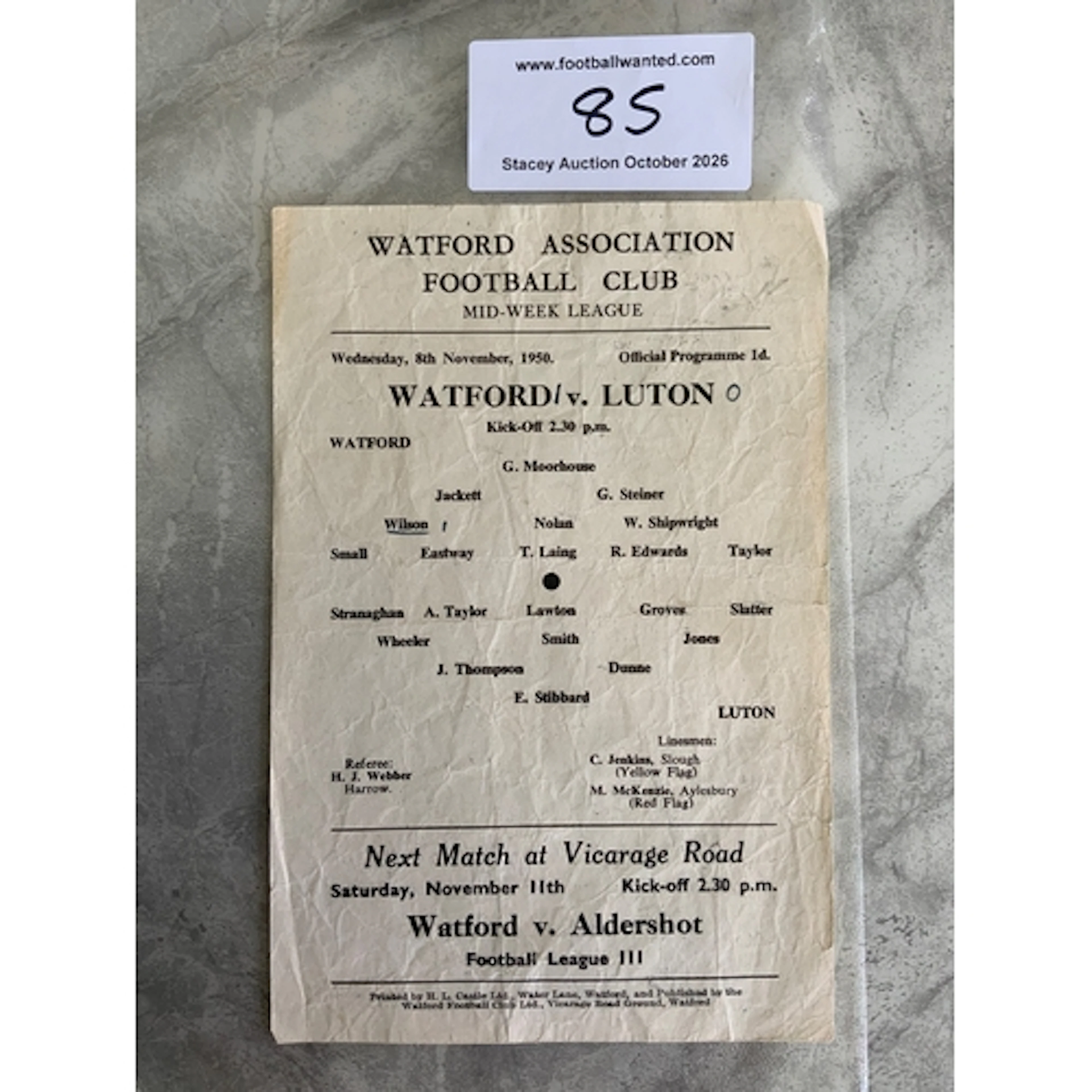 50/51 Watford v Luton Midweek League Football Programme: Goo...
