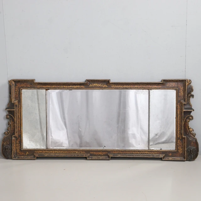 A GEORGE II EBONISED & GILT LANDSCAPE MIRROR. the bevelled t...