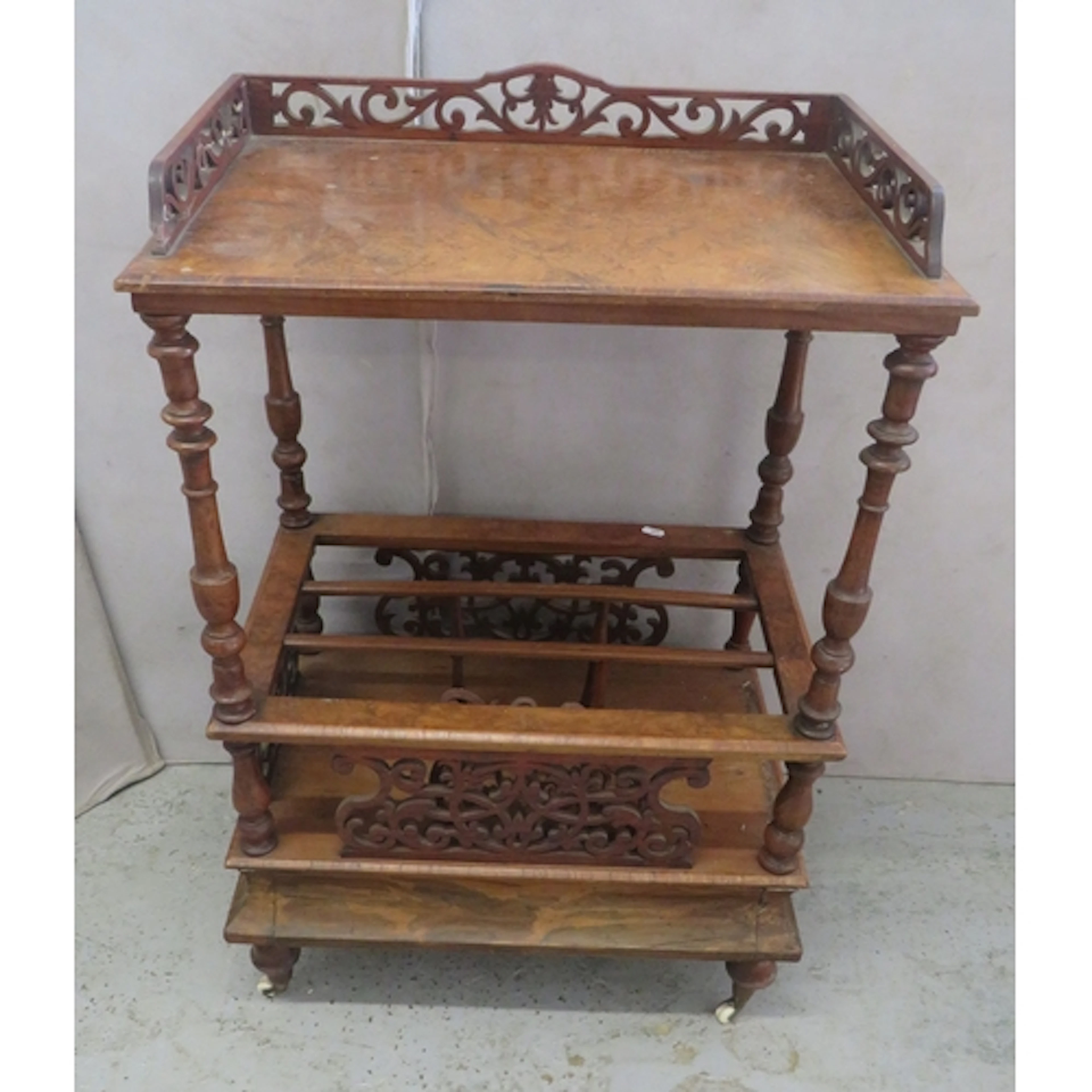 Antique Walnut Victorian Canterbury Wot Not, fretted top gal...